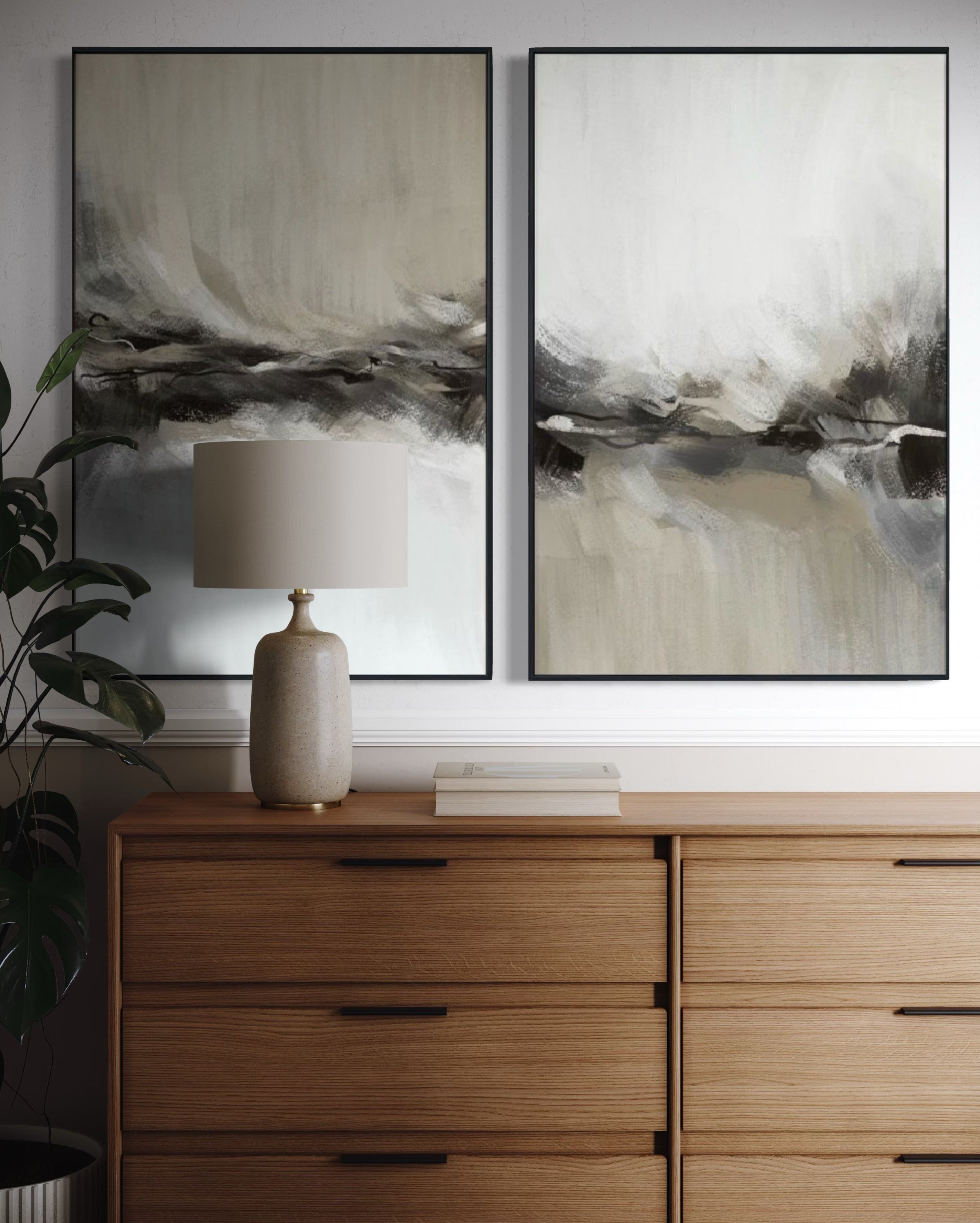 Set Cuadros Decorativos Abstracto Negro Arena 2 - 238 - Diptico Moderno y Elegante Arte Estilo Nordico Tonos Neutros