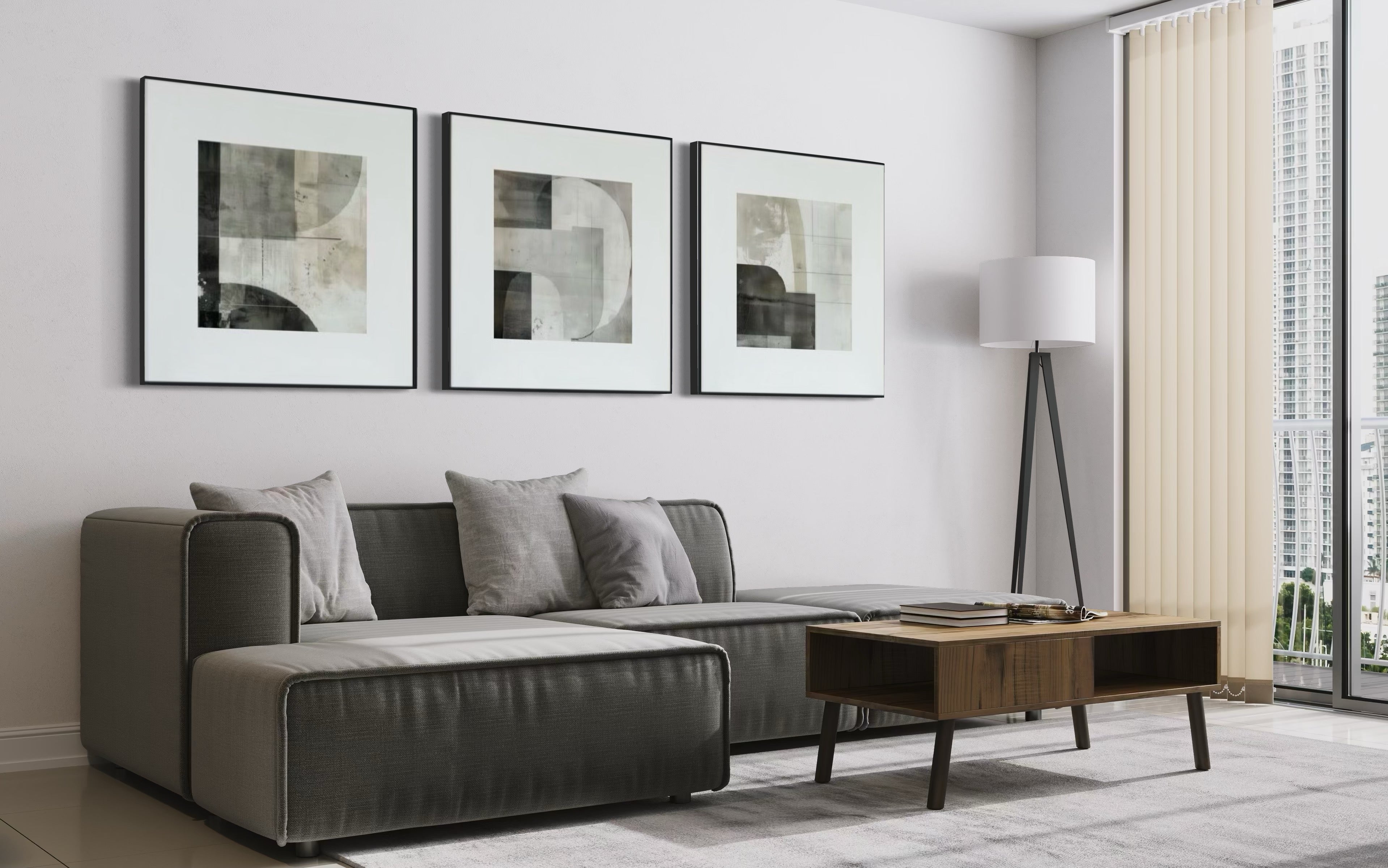 Set Cuadros Decorativos Abstracto Negro Arena  2 - 232 - Triptico Moderno y Elegante Arte Minimalista Estilo Nordico