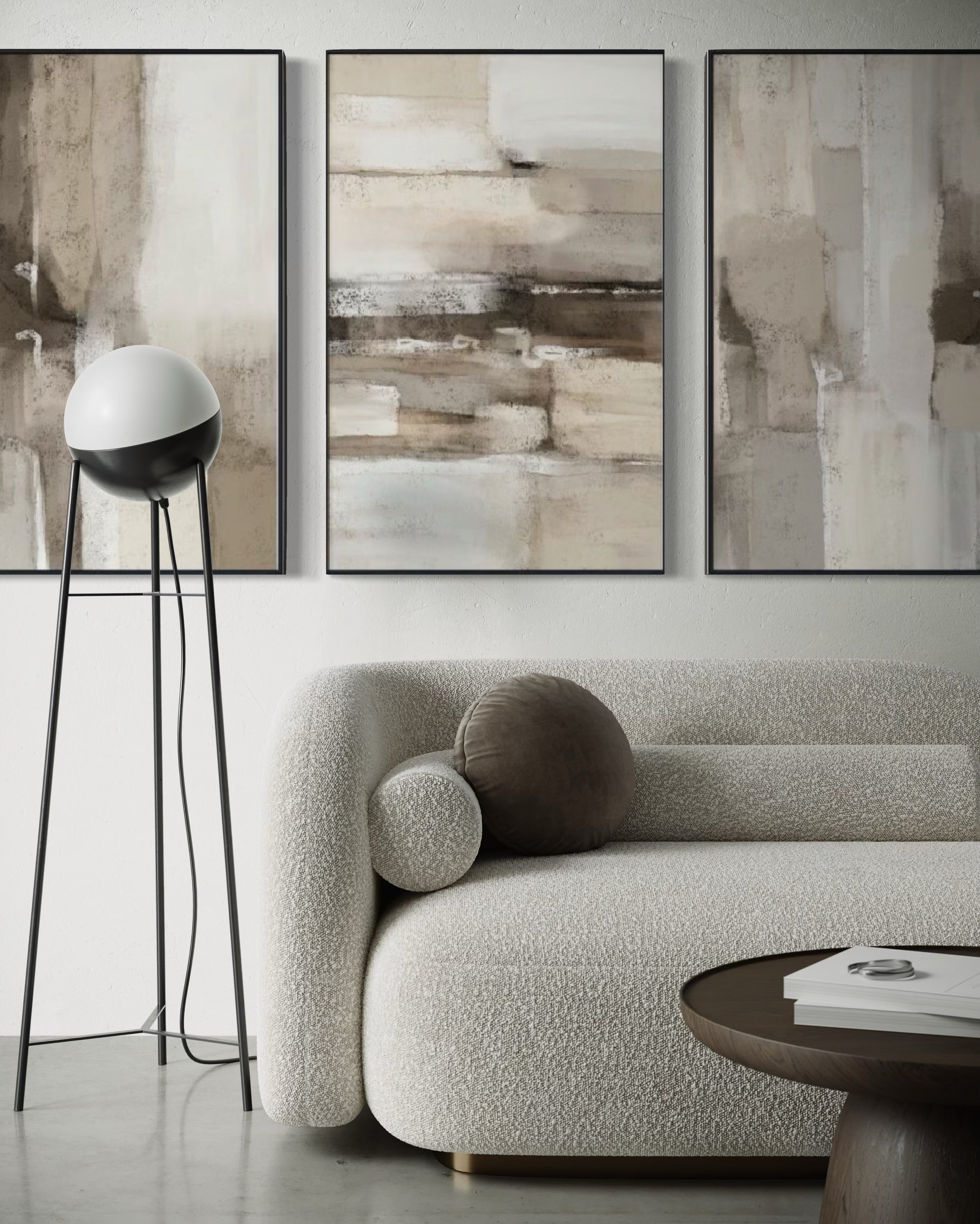 Set Cuadros Decorativos Abstracto Negro Arena 2 - 211 - Triptico En tonos Beige y Cafe Colores Neutros Arte Moderno Estilo Boho Nordico