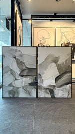 Cargar imagen en el visor de la galería, Set Cuadros Decorativos Abstracto Negro Arena 2 - 202 - Díptico Minimalista Estilo Boho Arte en tonos Neutros
