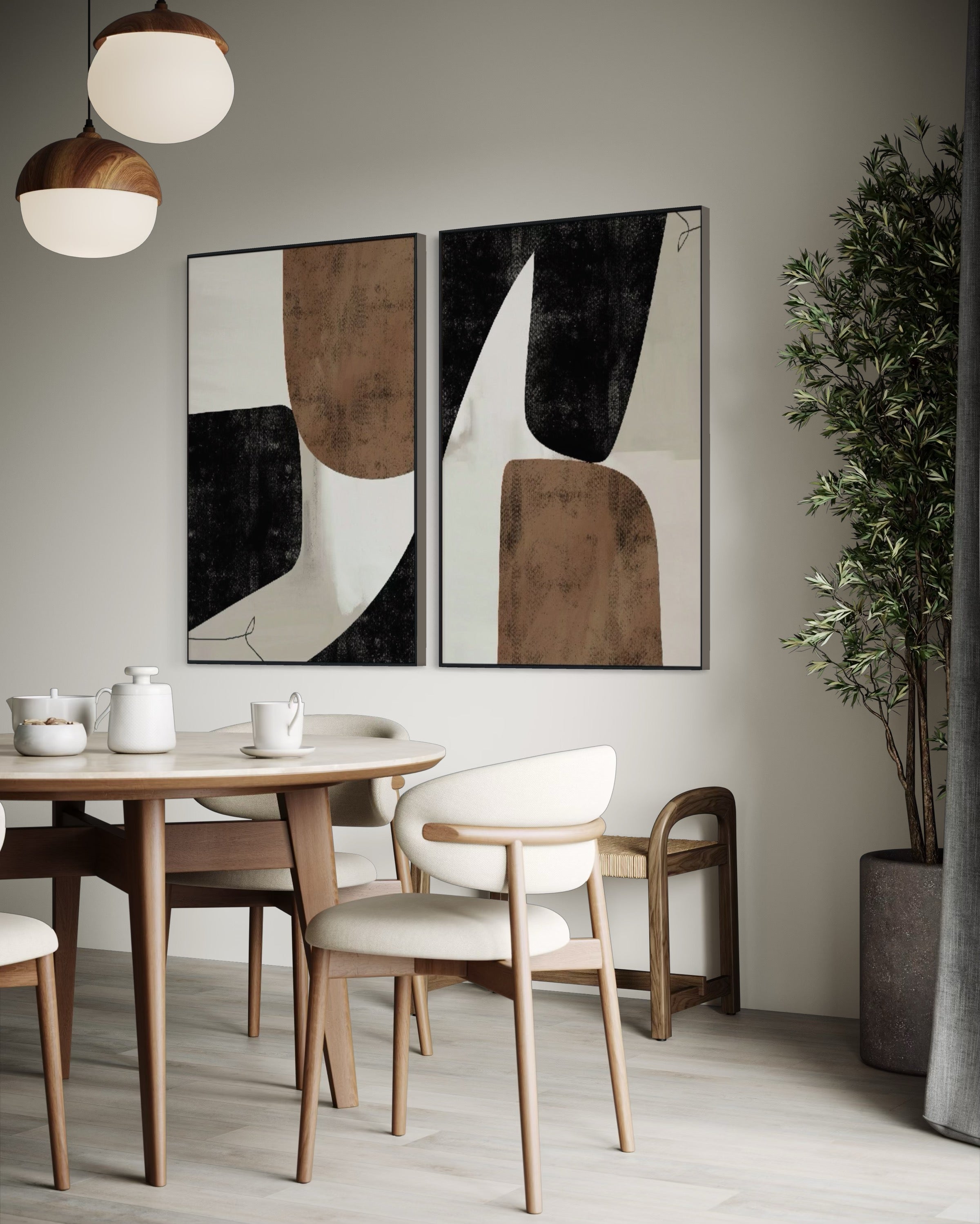 Set Cuadros Decorativos Abstracto Negro Arena 2 - 208 - Diptico Moderno y Elegante Estilo Nordico Boho en Tonos Neutros