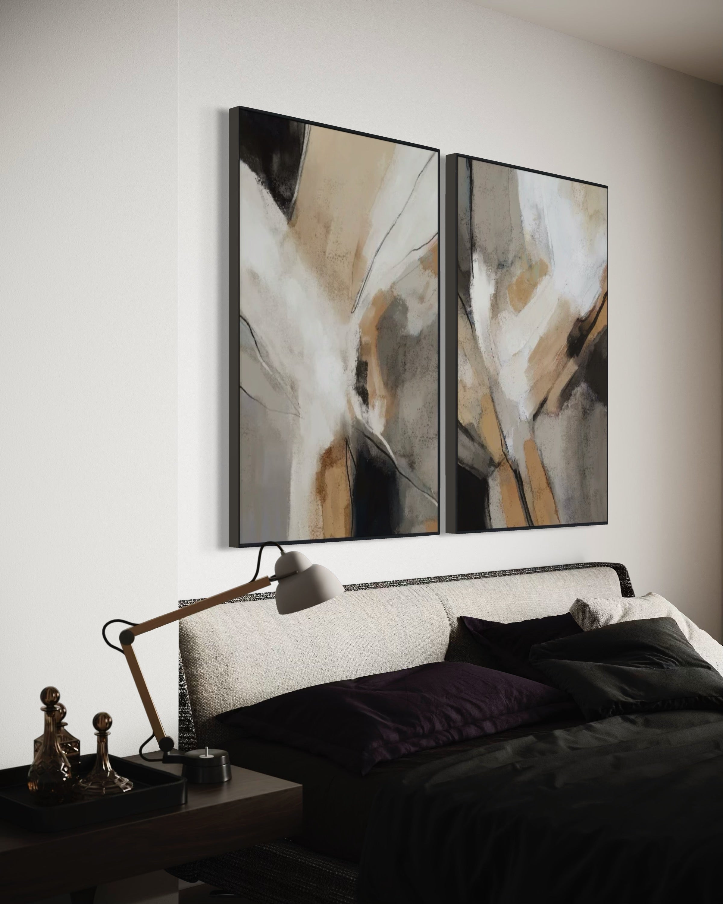 Set Cuadros Decorativos Abstracto Negro Arena 2 - 206 - Diptico Modernos Arte Minimalista estilo Boho en Tonos Neutros Cálidos