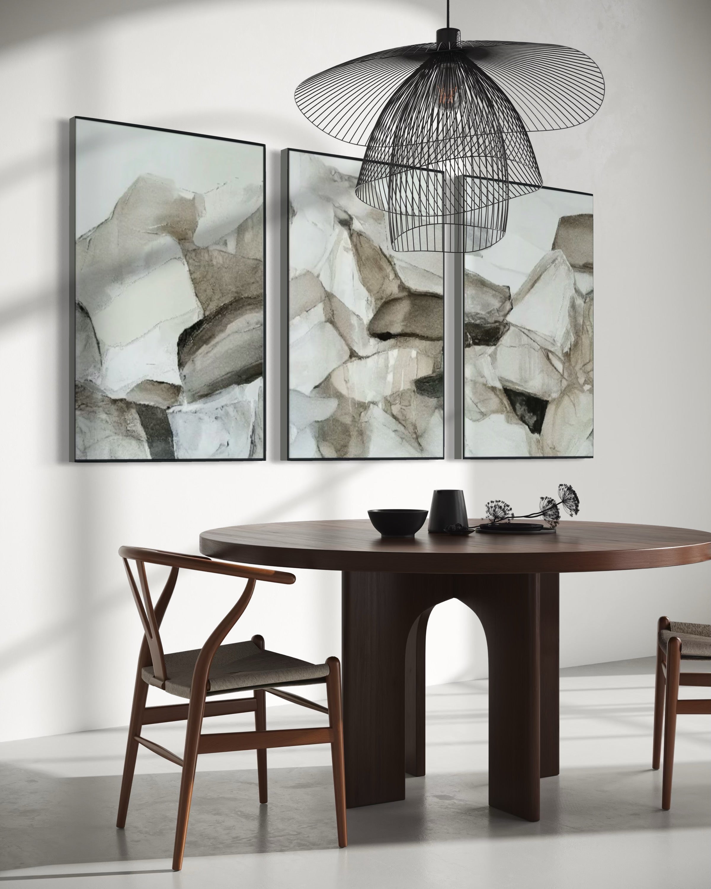 Set Cuadros Decorativos Abstracto Negro Arena 2 - 202 - Triptico Minimalista Estilo Boho Arte Nordico en Tonos Neutros