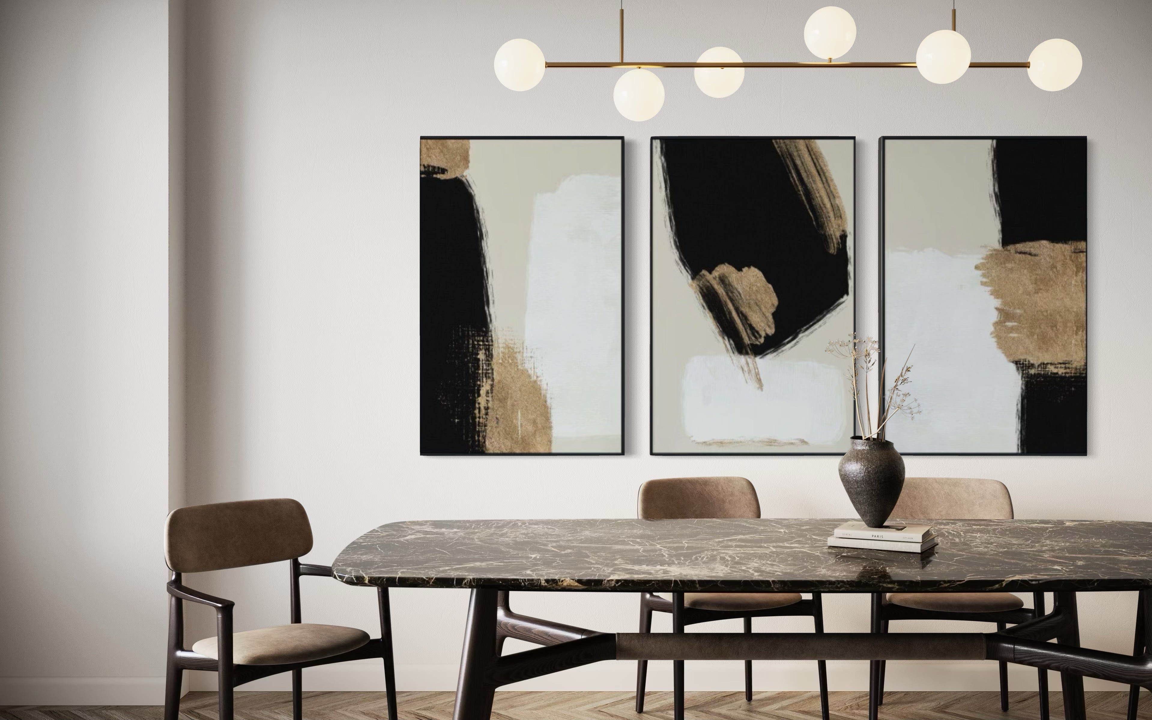 Set Cuadros Decorativos Abstracto Negro Arena 2 - 214 - Triptico Minimalista y Elegante Arte estilo Nordico en Tonos Beige, Negro, Blanco y Dorado Oro