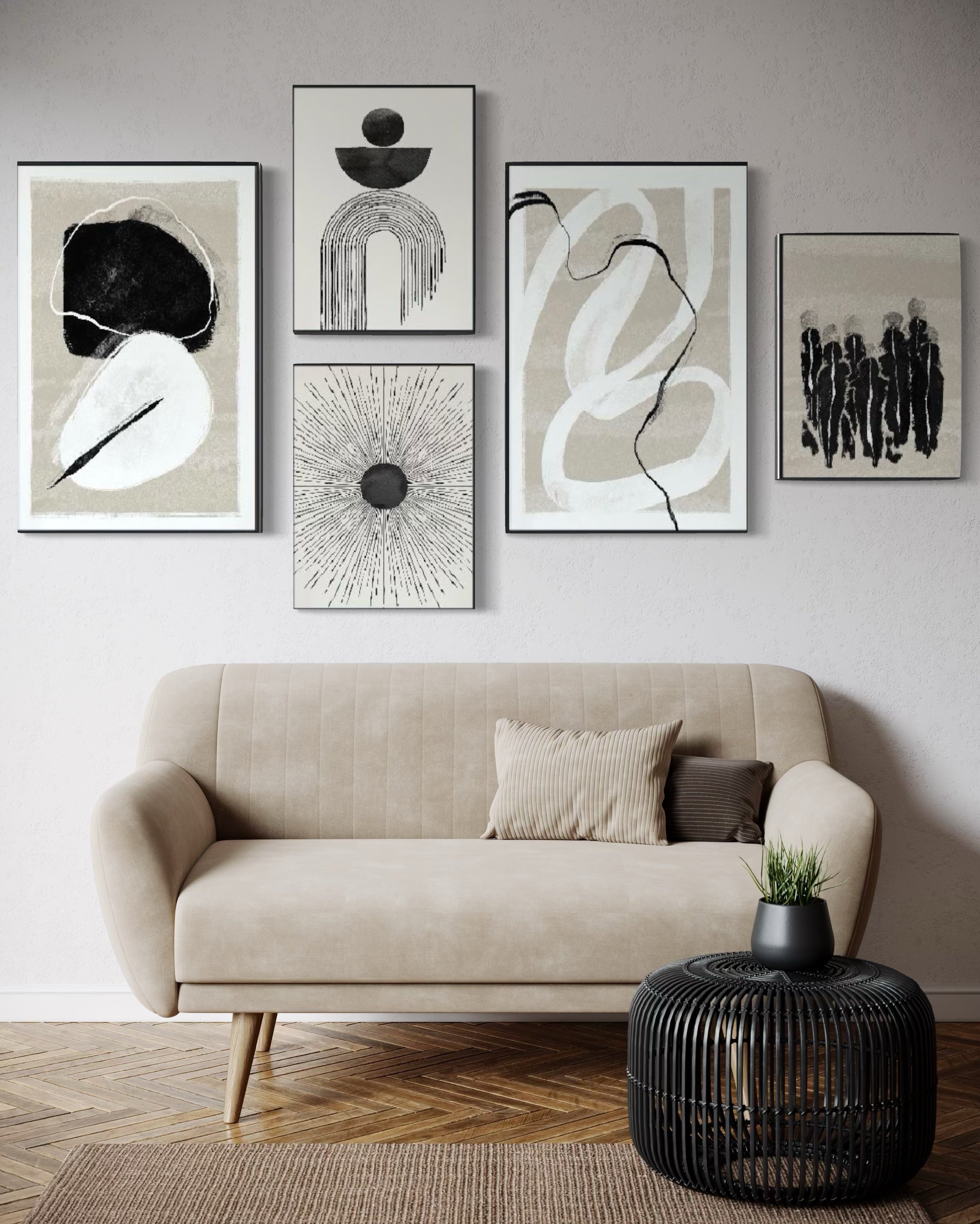 Set Cuadros Decorativos Abstracto Negro Arena 2 - 226A - 5piezas Arte Moderno Estilo Nordico Boho Tonos Neutros