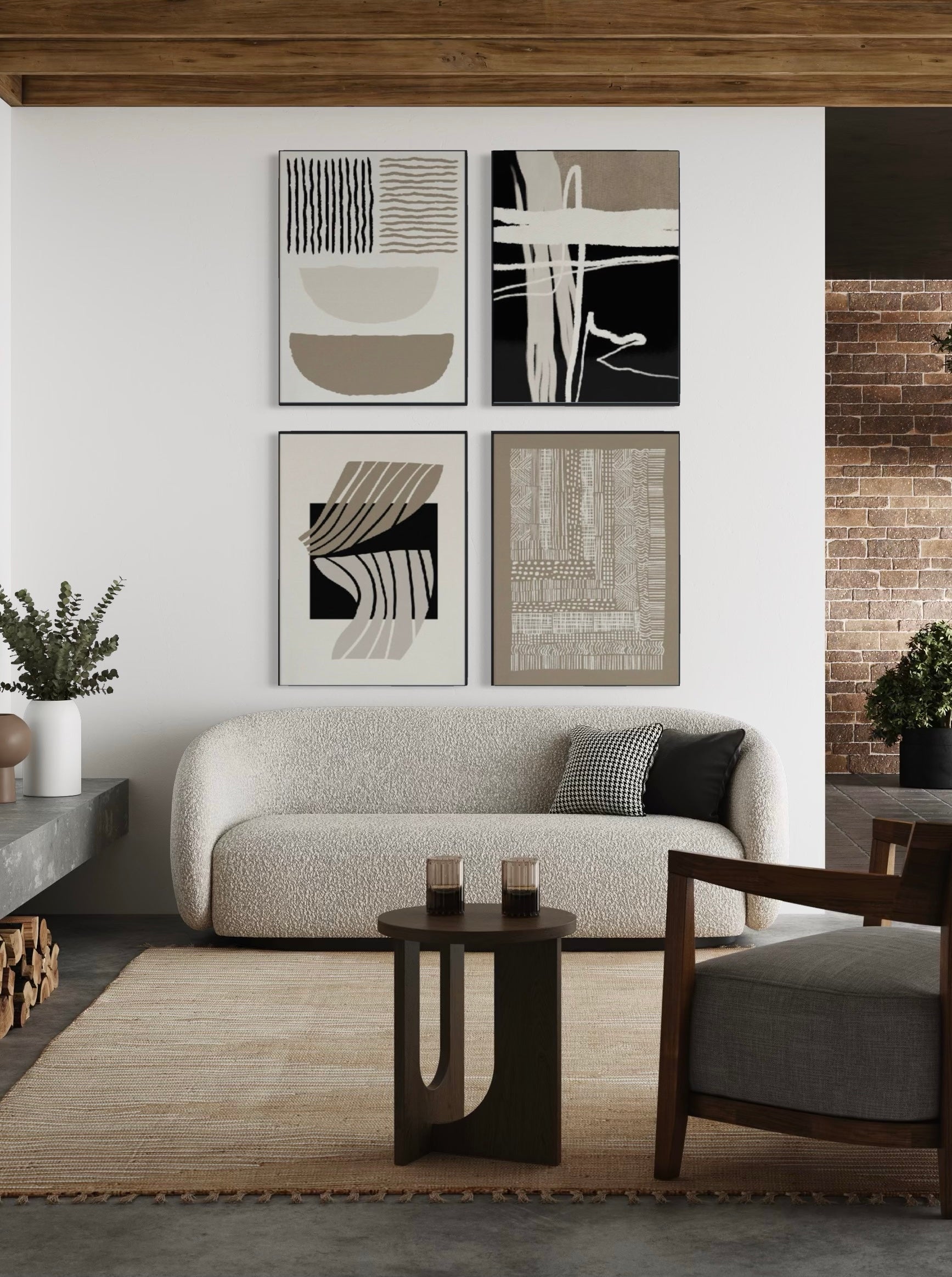 Set Cuadros Decorativos Abstracto Negro Arena 2 - 218 C - 4piezas Arte Moderno y Minimalista Estilo Boho Nordico Tonos Neutros