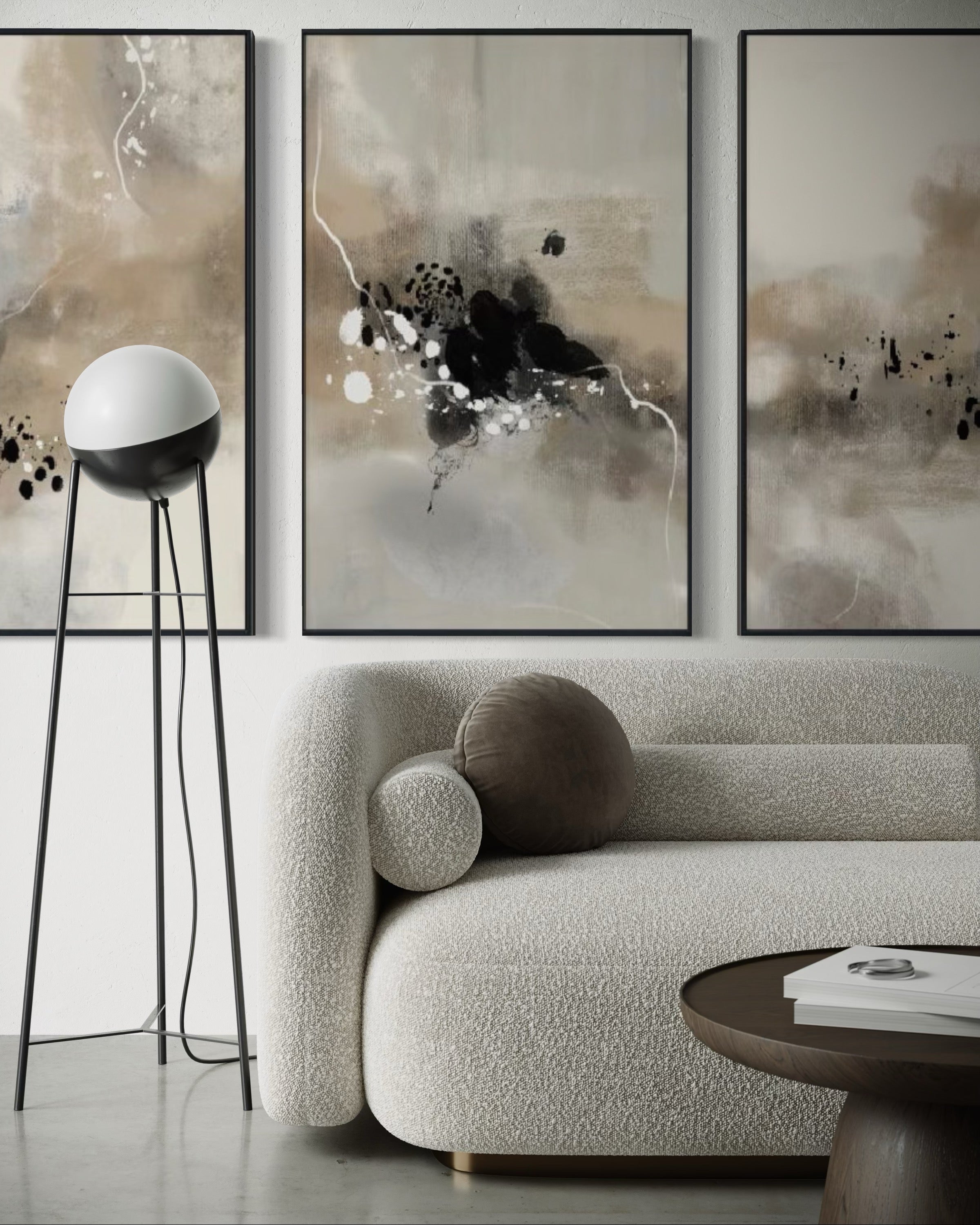 Set Cuadros Decorativos Abstracto Negro Arena 2-236- Tríptico Modernos y Elegante Estilo Boho en Tonos Neutros