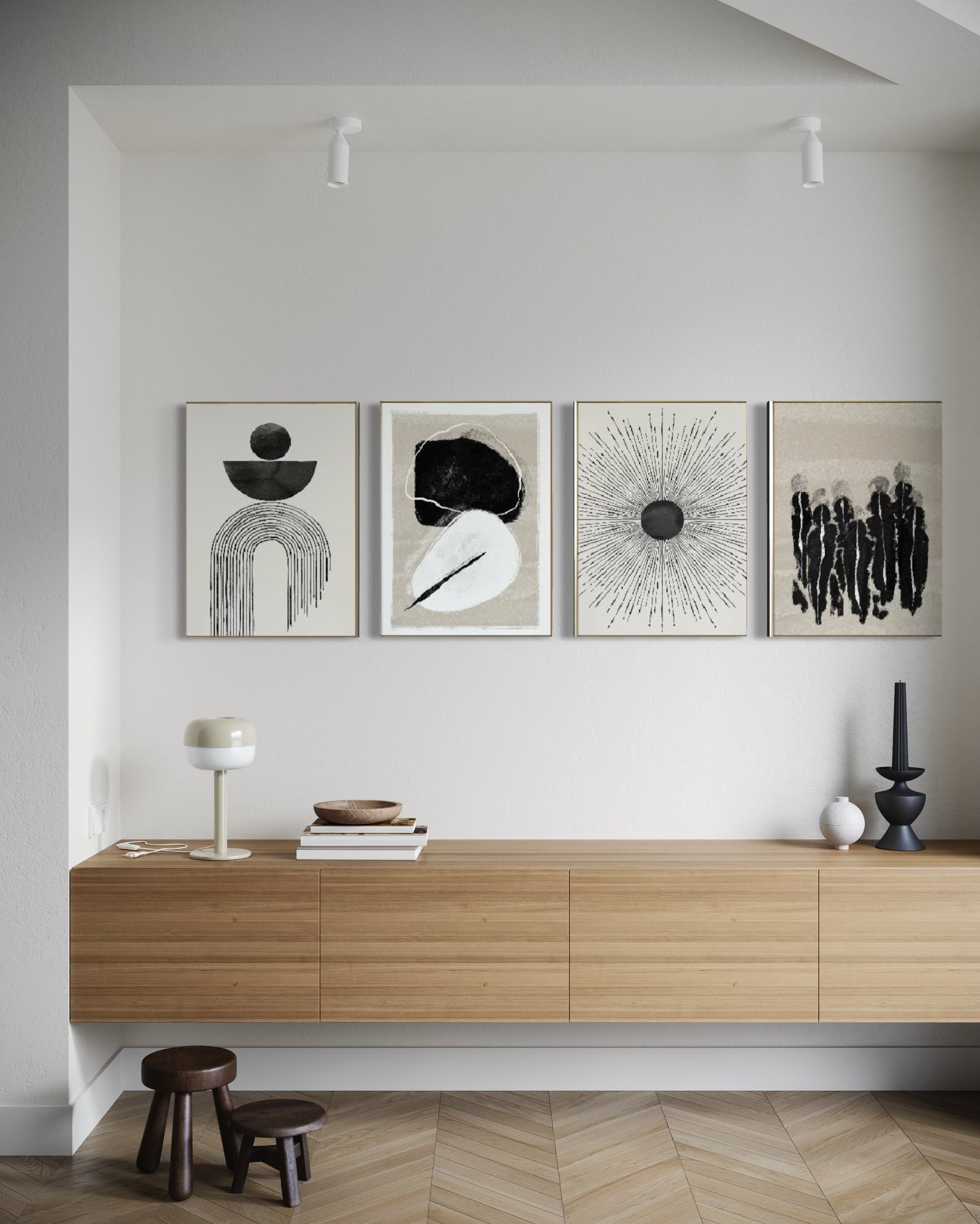 Set Cuadros Decorativos Abstracto Negro Arena 2 - 226C - 4piezas Arte Moderno y Elegante Estilo Nordico Boho en Tonos Neutros