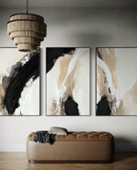 Cargar imagen en el visor de la galería, Set Cuadros Decorativos Abstracto Negro Arena 2-212 -Triptico Moderno y Elegante en Tonos Negro y Beige Arte Minimalista Estilo Nordico
