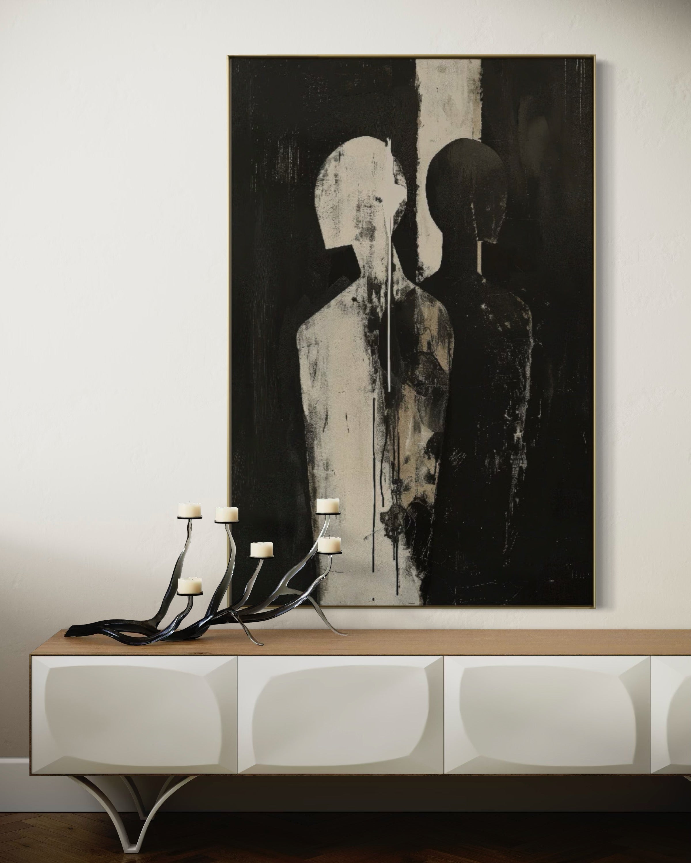 Cuadro Decorativo Abstracto Negro Arena 2-223 Siluetas Humanas Minimalistas Arte Moderno de Pareja Rostro en Negro y Beige Tonos Neutros
