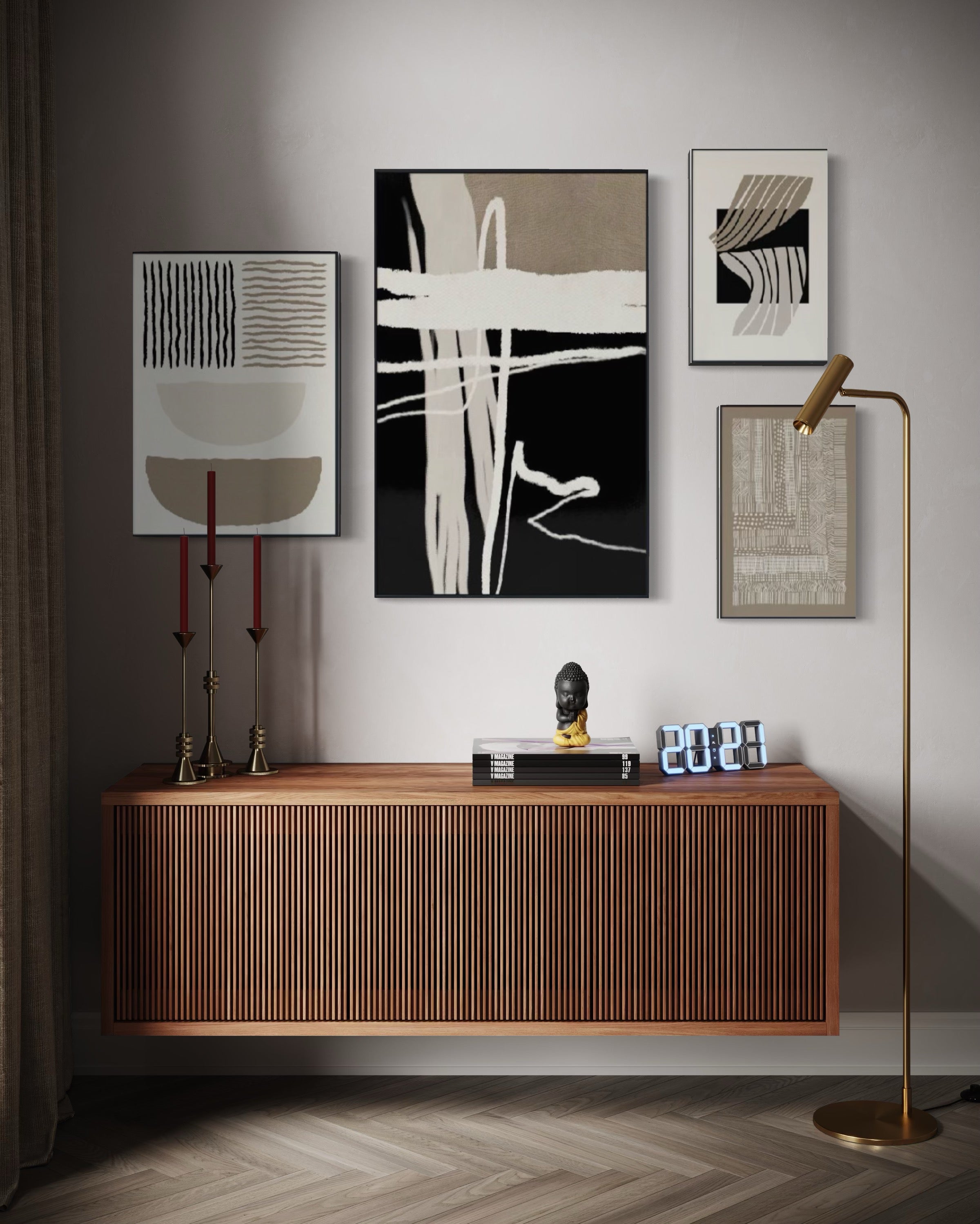 Set Cuadros Decorativos Abstracto Negro Arena 2-218 B - 4piezas Minimalistas Arte Moderno Estilo Nordico en Tonos Neutros