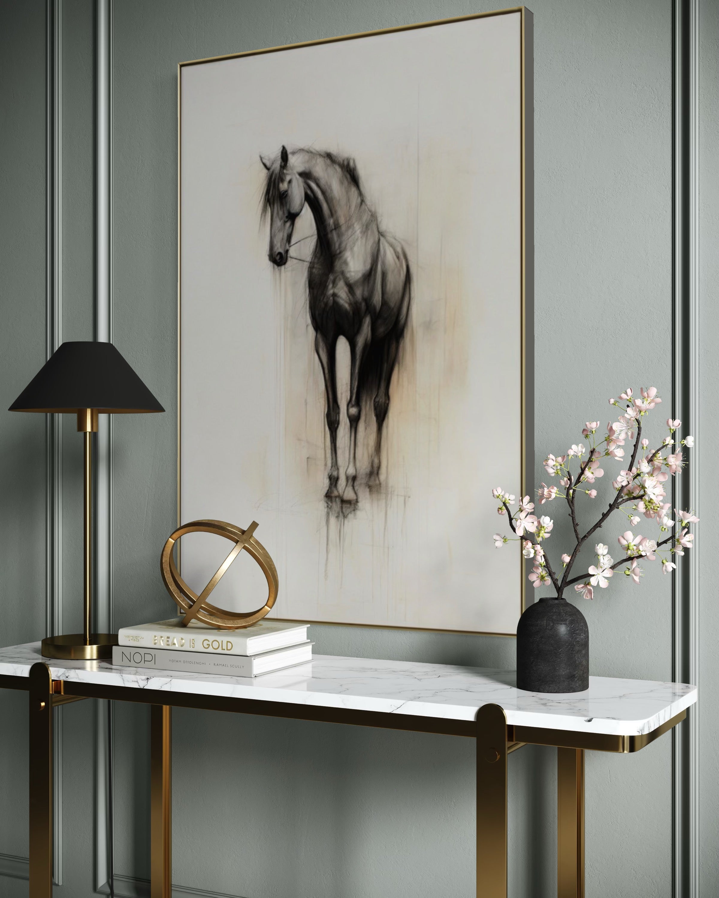 Cuadro Decorativo Abstracto Negro Arena 2 - 260 - Boceto de Caballo Negro Ate Moderno y Minimalista Estilo Nordico Tonos Neutros