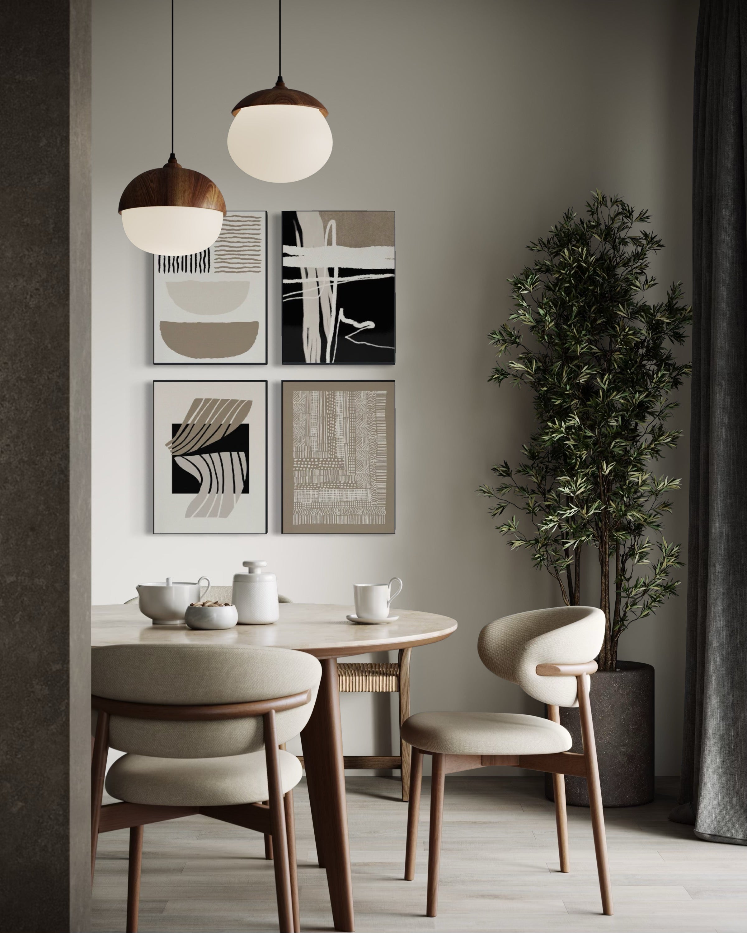 Set Cuadros Decorativos Abstracto Negro Arena 2 - 218 C - 4piezas Arte Moderno y Minimalista Estilo Boho Nordico Tonos Neutros