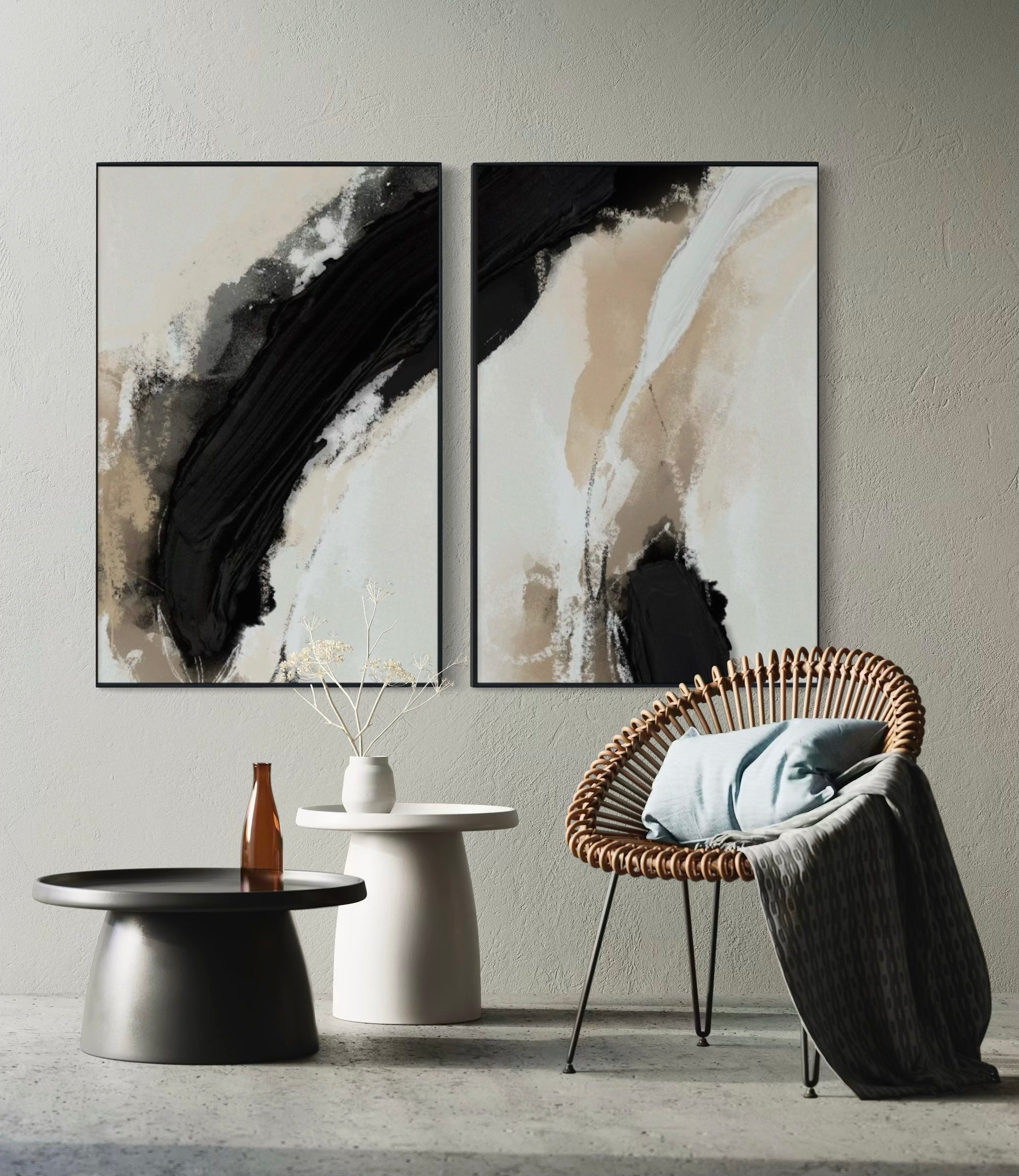 Set Cuadros Decorativos Abstracto Negro Arena 2 - 212 - Diptico Moderno y Minimalista en Tonos Negro y Beige Colores Neutros Estilo Nordico