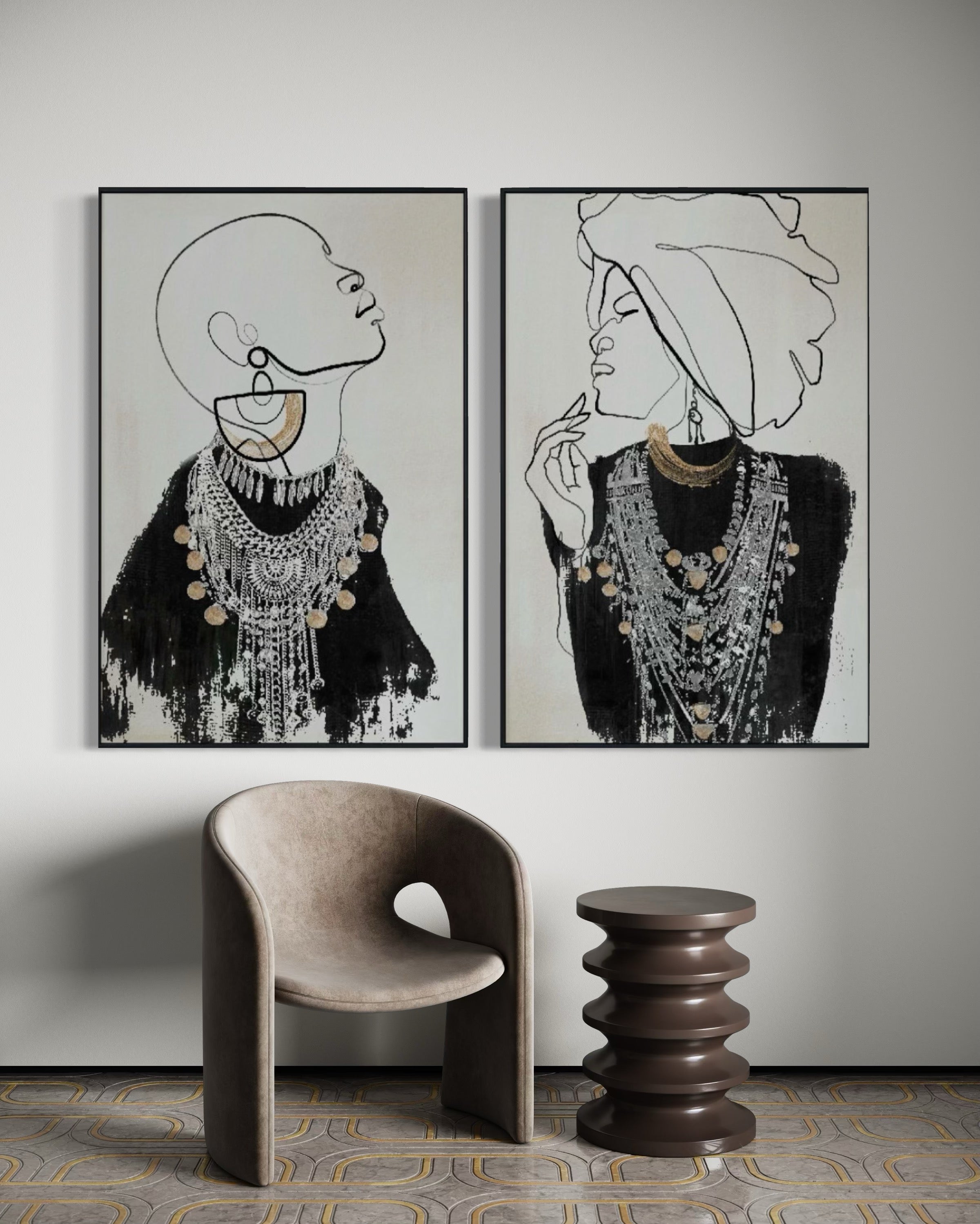 Set Cuadros Decorativos Abstracto Negro Arena 2 - 213 - Diptico Moderno Estilo Boho Mujeres Afro Arte Lineal En tonos Neutros y un toque de Dorado  Oro