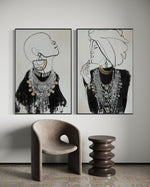 Cargar imagen en el visor de la galería, Set Cuadros Decorativos Abstracto Negro Arena 2 - 213 - Diptico Moderno Estilo Boho Mujeres Afro Arte Lineal En tonos Neutros y un toque de Dorado  Oro
