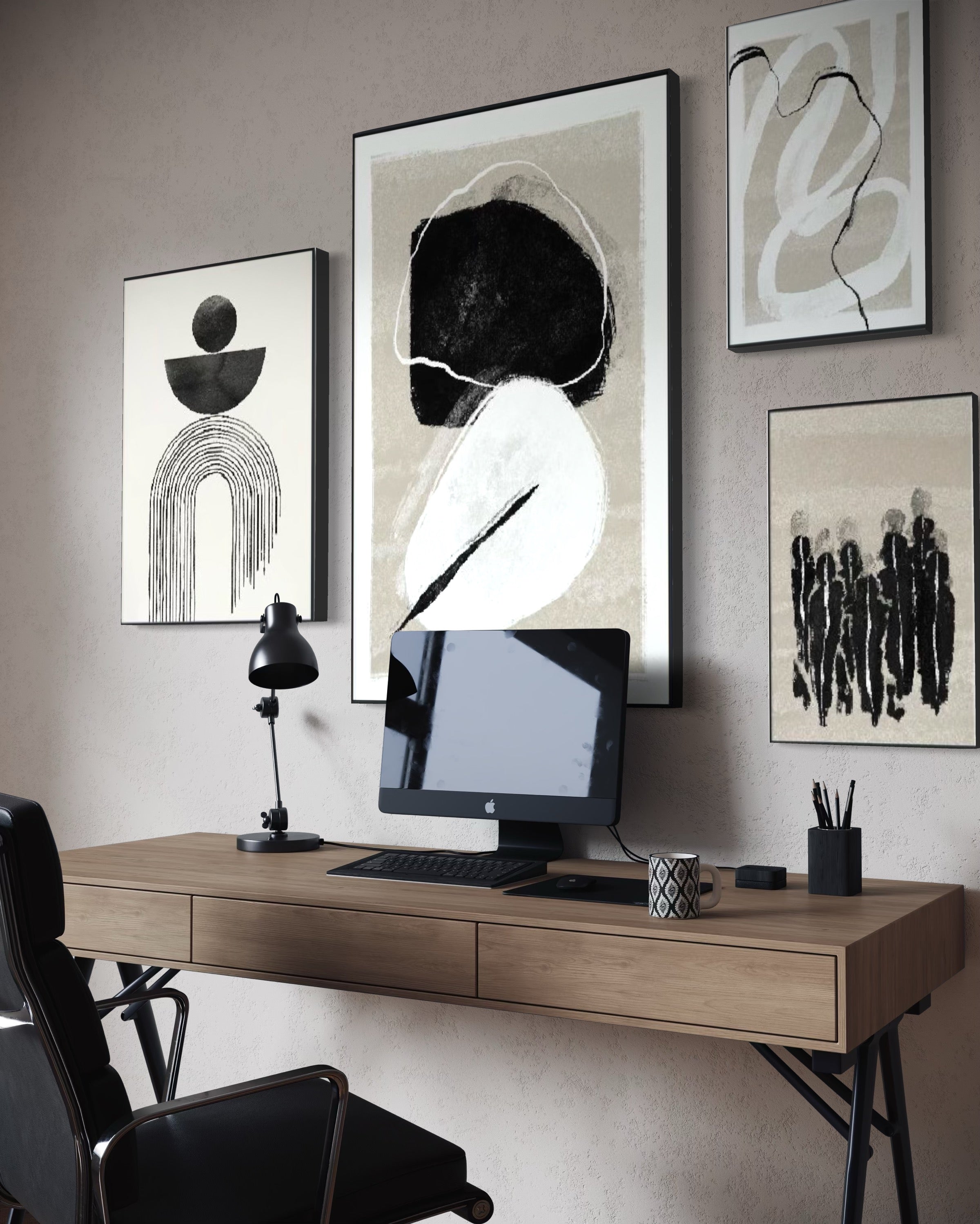 Set Cuadros Decorativos Abstracto Negro Arena 2 - 226B - 4piezas Arte Moderno y Elegante Estilo Nordico Boho en Tonos Neutros