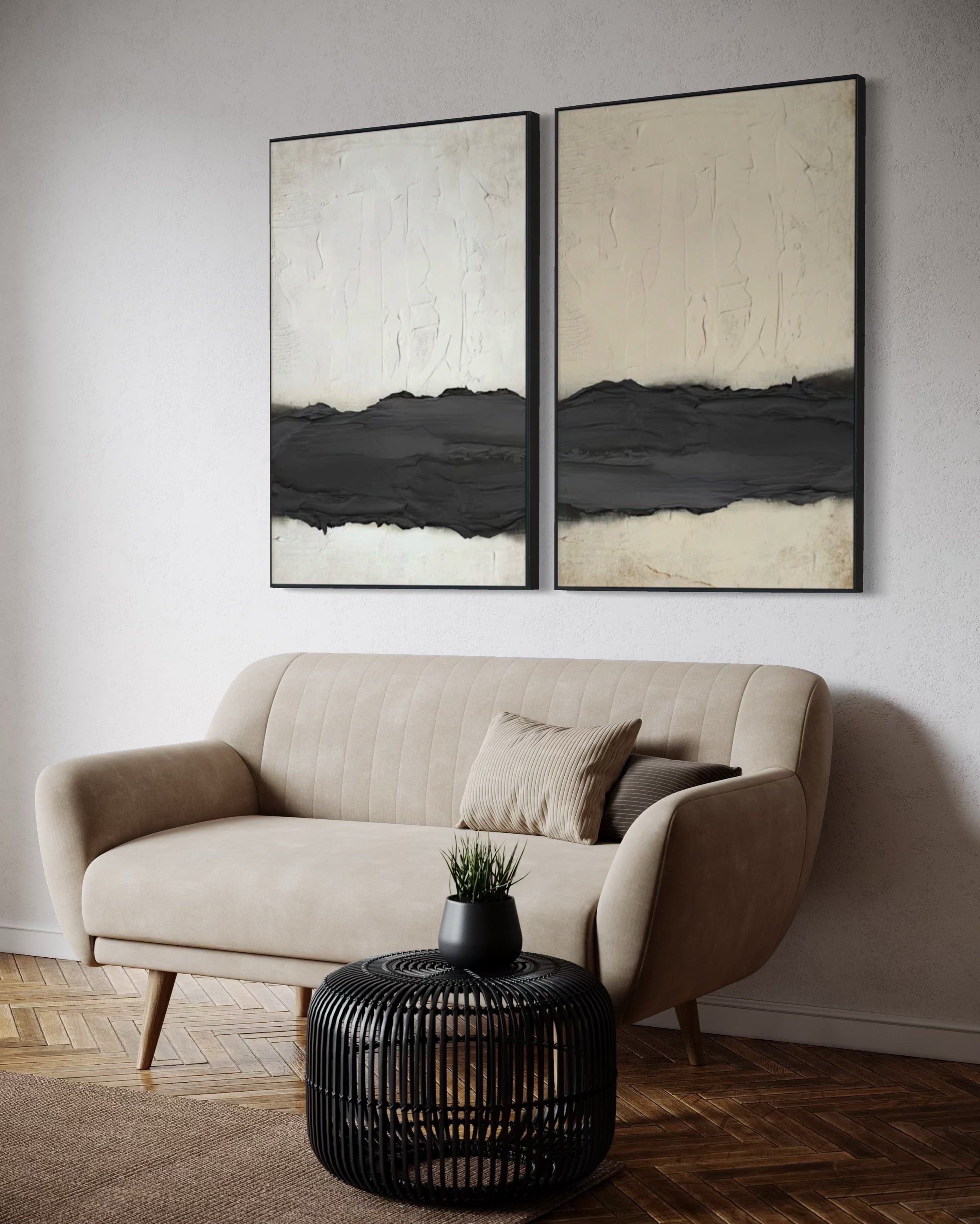 Set Cuadros Decorativos Abstracto Negro Arena 2-241 - Diptico Moderno y Minimalista Arte Estilo Nordico Tonos Neutros