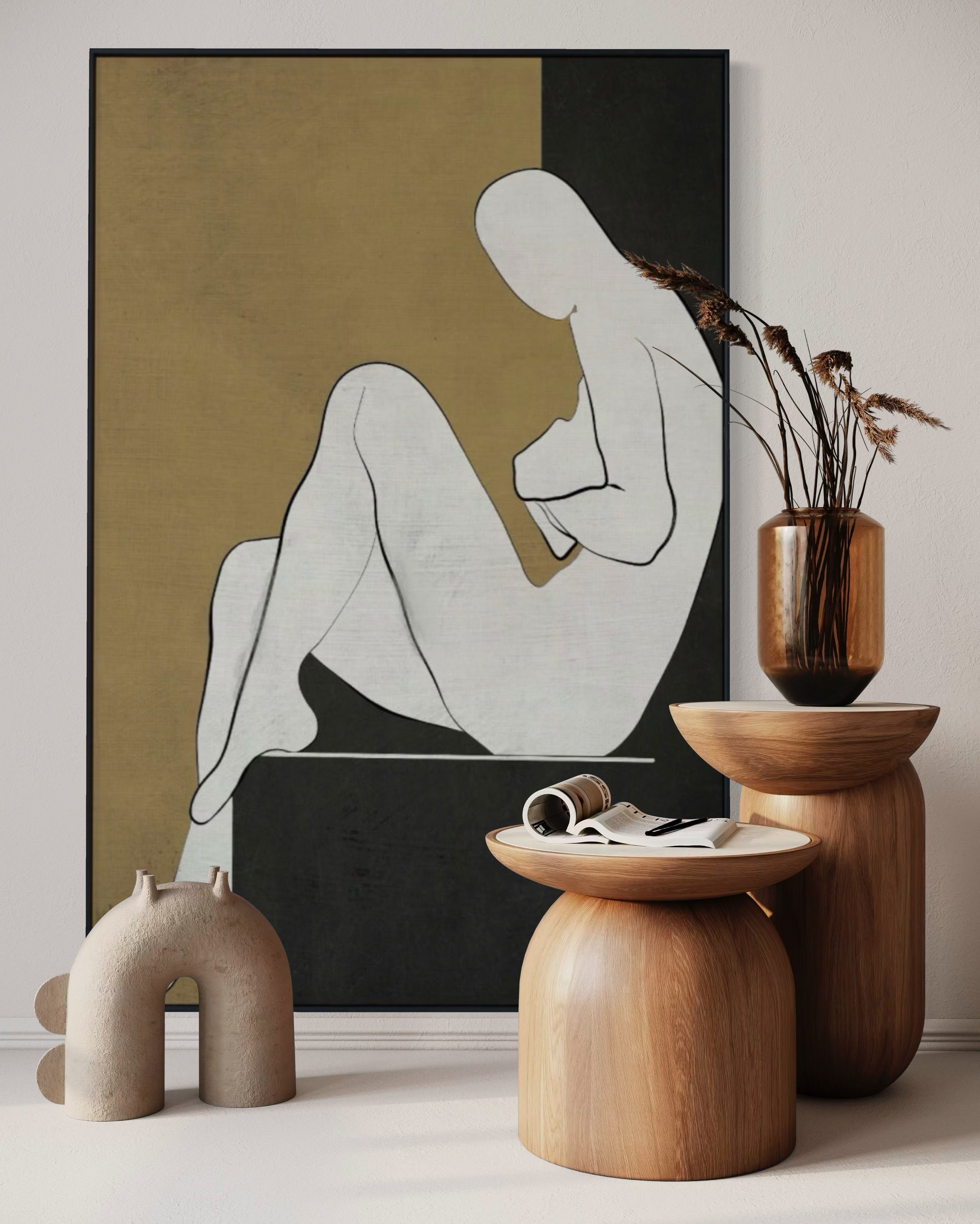 Cuadro Decorativo Abstracto Negro Arena 2-240 Silueta Femenina Arte Moderno y Minimalista Estilo Boho en Tonos Neutros