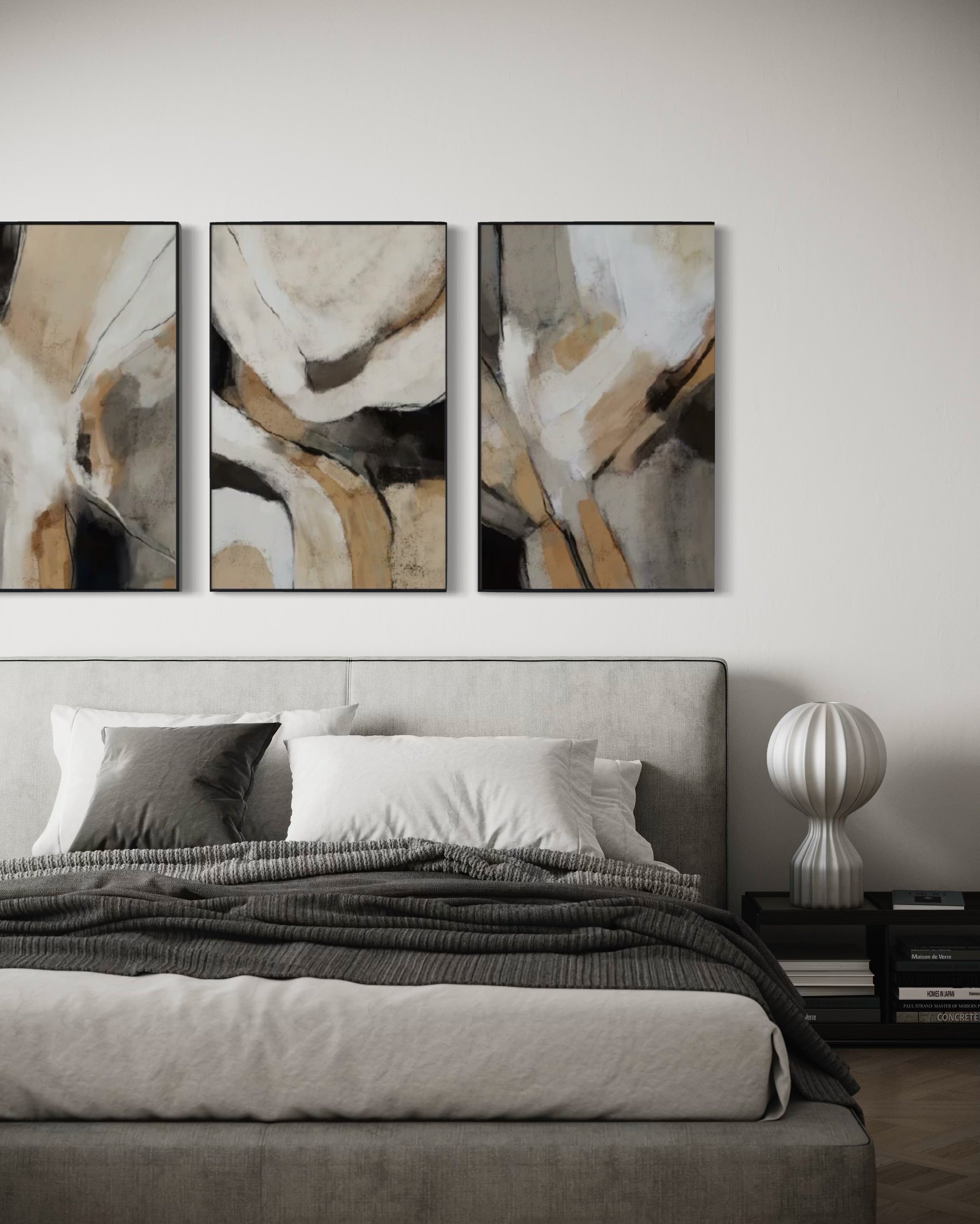 Set Cuadros Decorativos Abstracto Negro Arena 2 - 206 - Triptico Minimalista Arte Moderno y Elegante Estilo Nordico en Tonos Neutros