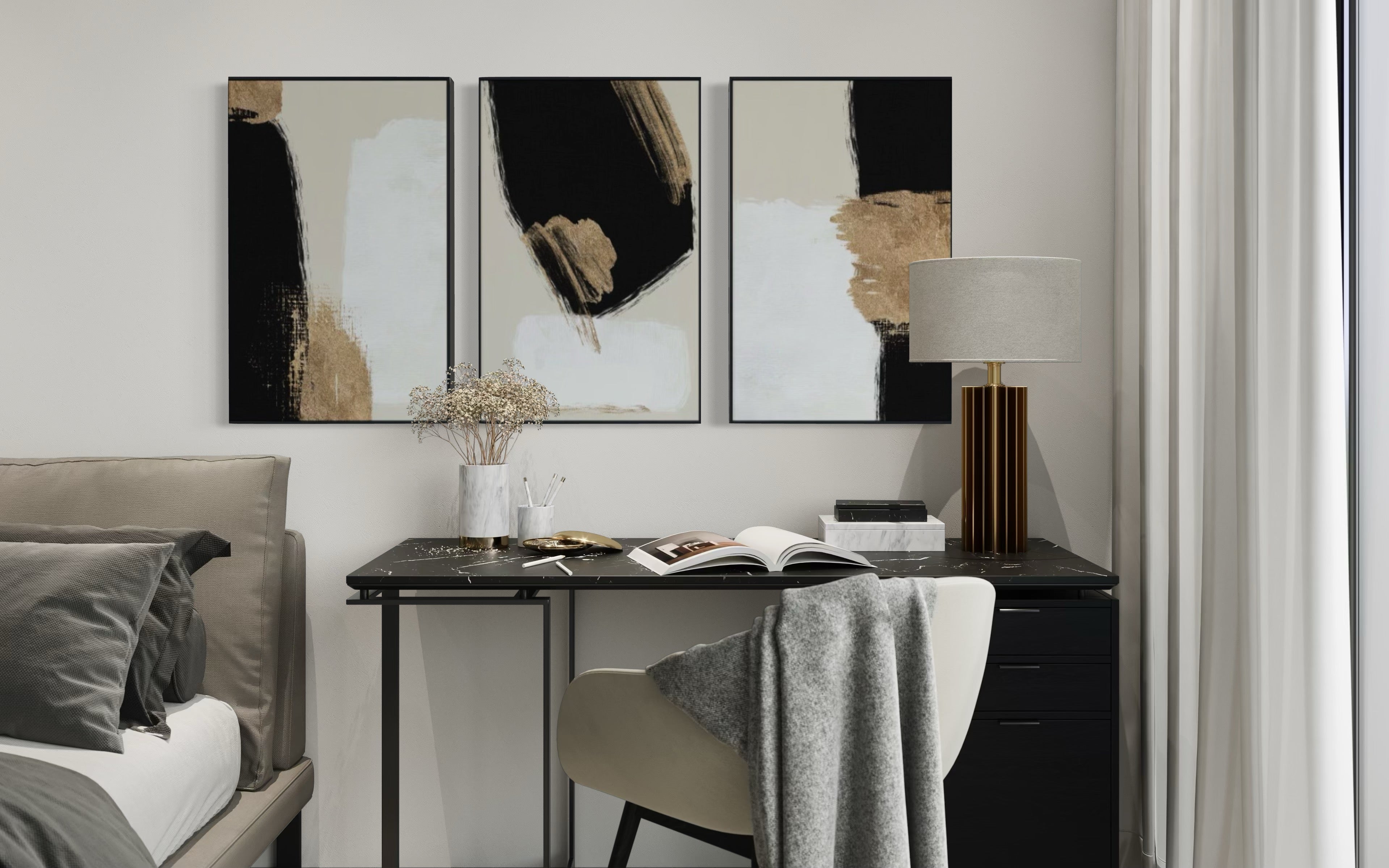 Set Cuadros Decorativos Abstracto Negro Arena 2 - 214 - Triptico Minimalista y Elegante Arte estilo Nordico en Tonos Beige, Negro, Blanco y Dorado Oro