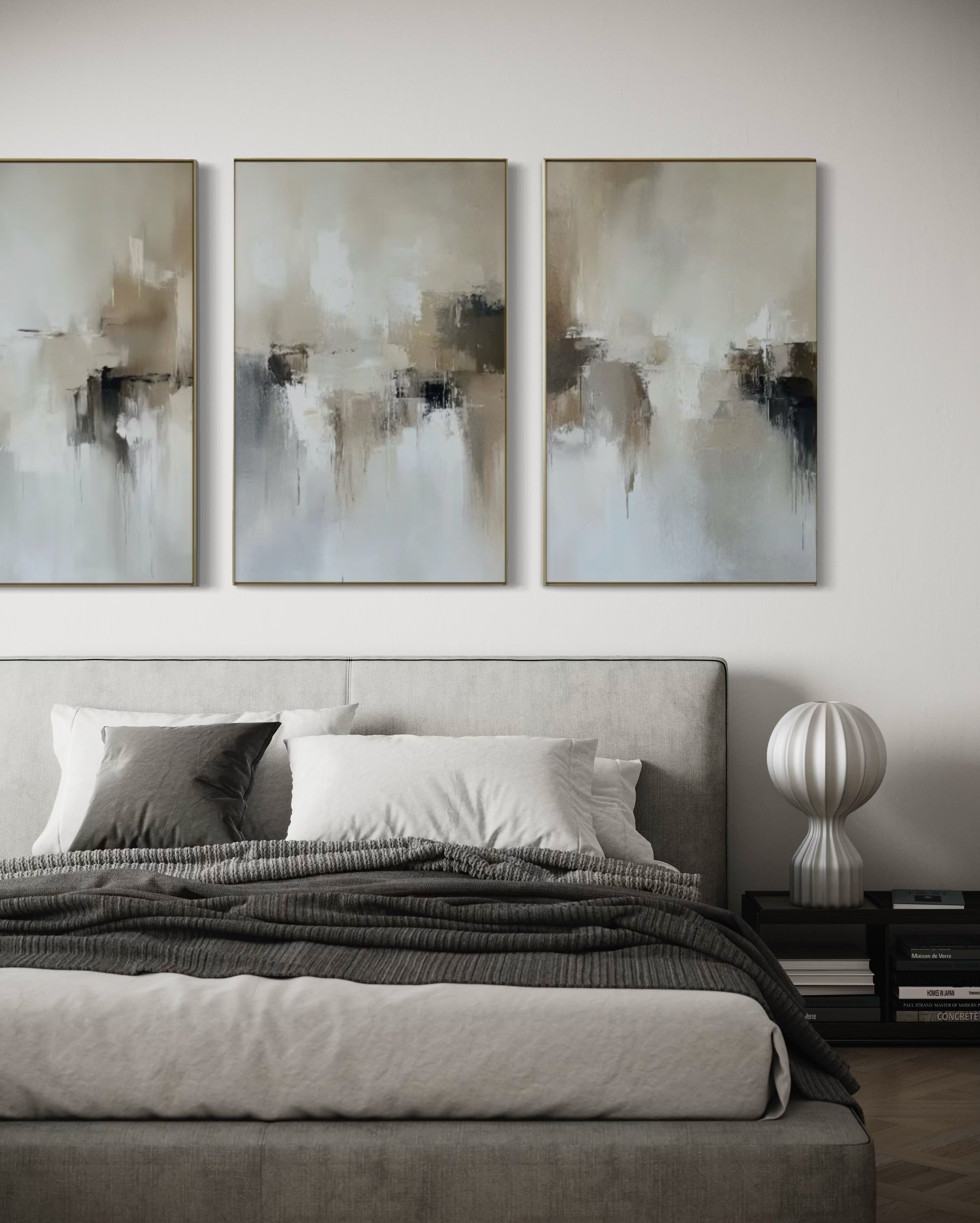 Set Cuadros Decorativos Abstracto Negro Arena 2 - 201 - Triptico Estilo Nordico Arte Moderno en Tonos Neutros