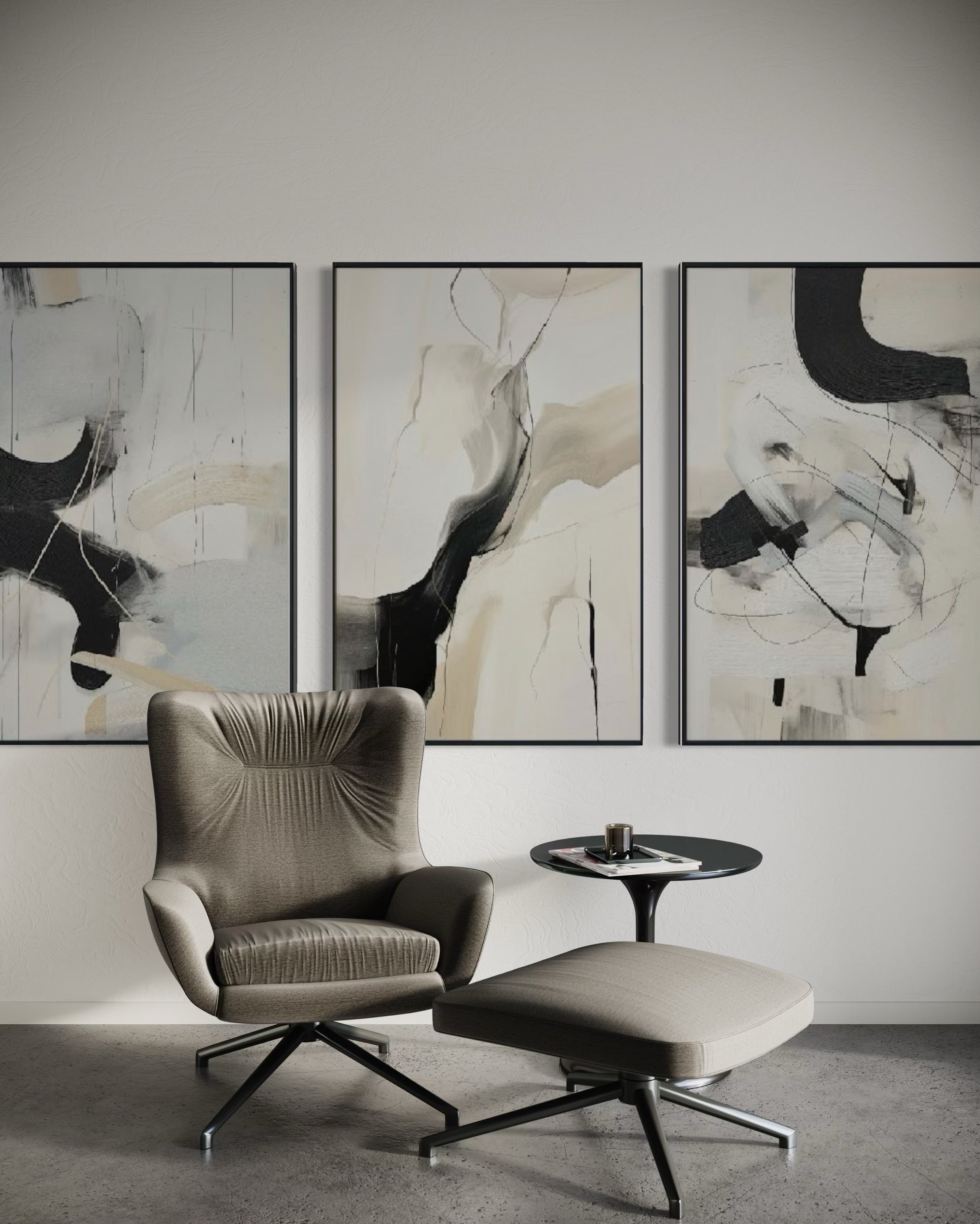 Set de 3 Cuadros Decorativos Abstracto Negro Arena 2 - 221 - Triptico Moderno y Minimalista Arte Elegante Estilo Nordico Tonos Neutros