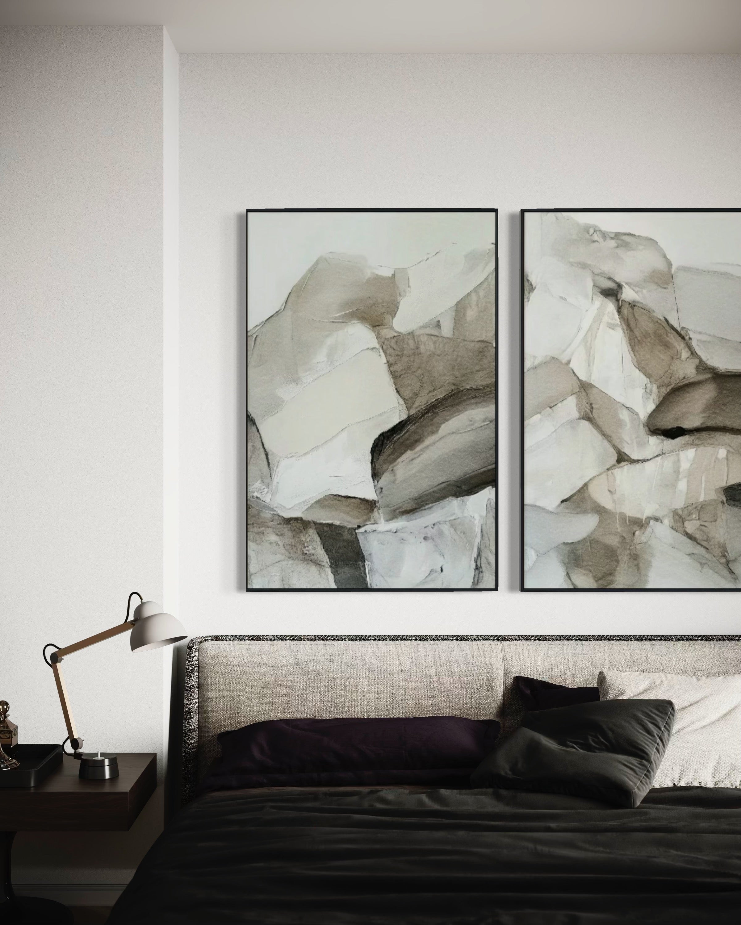 Set Cuadros Decorativos Abstracto Negro Arena 2 - 202 - Díptico Minimalista Estilo Boho Arte en tonos Neutros