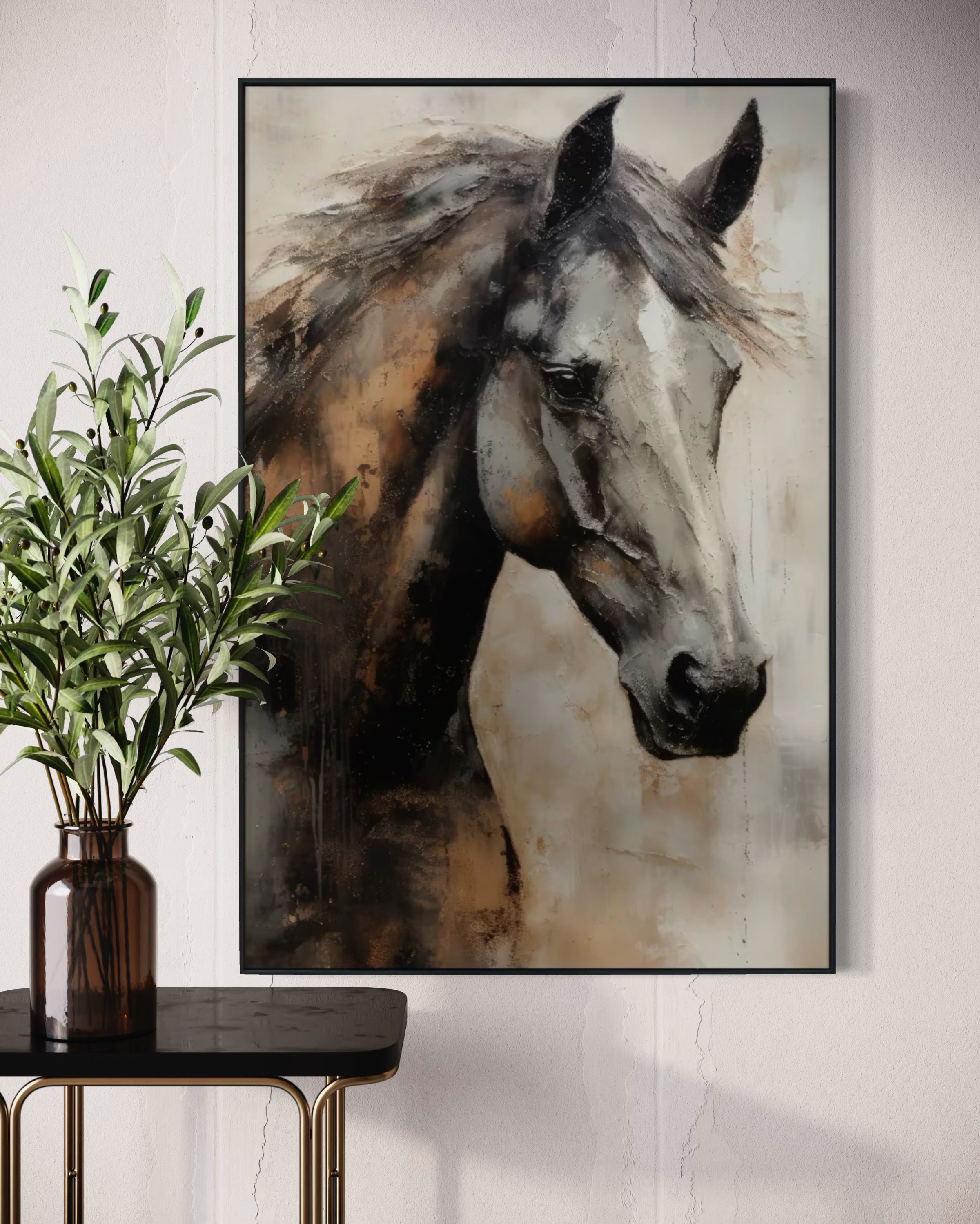 Cuadro Decorativo Abstracto Negro Arena 2 - 207 Caballo Estilo Nordico Arte Moderno en Tonos Neutros, Beige, Terracota, Negro y Gris