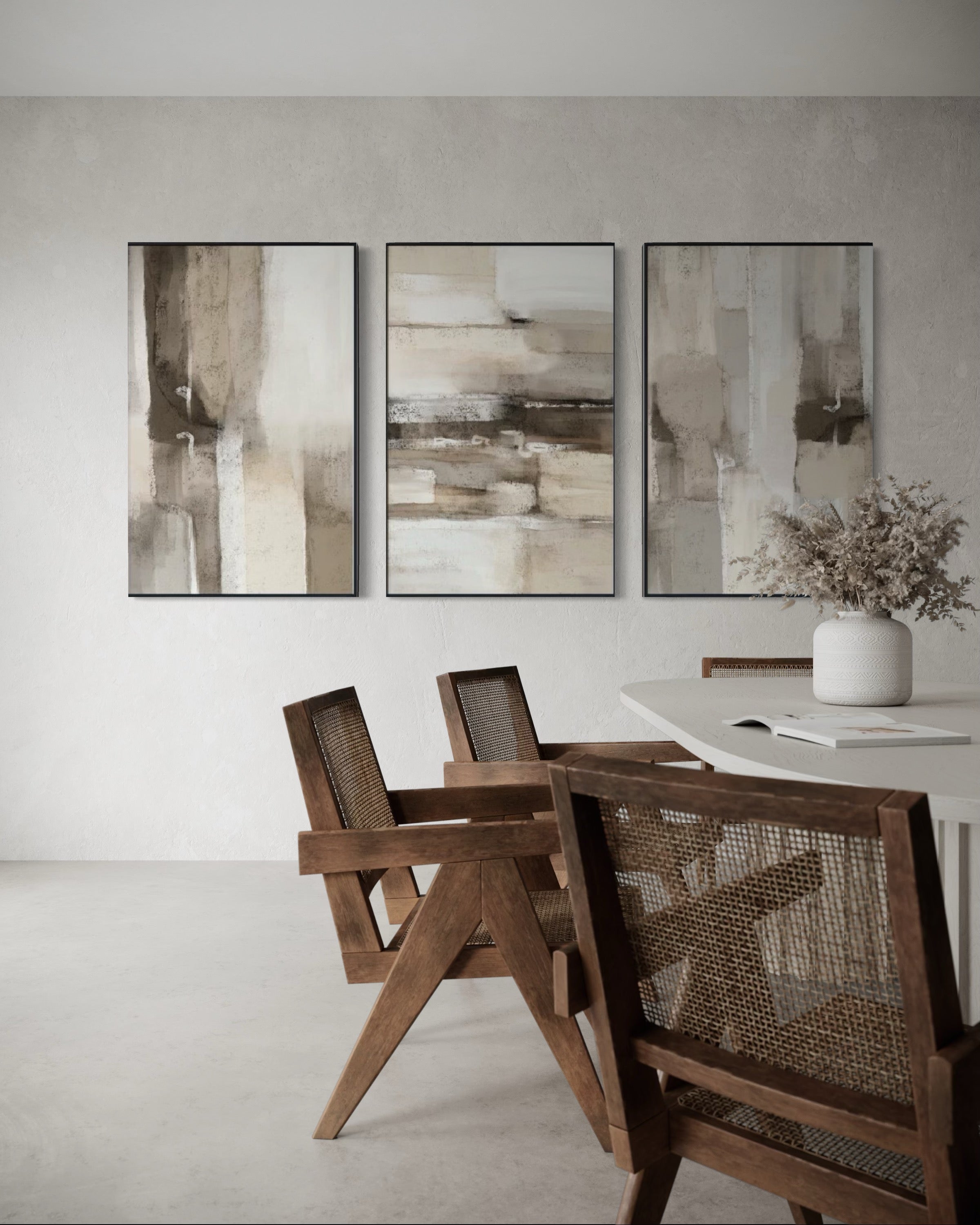 Set Cuadros Decorativos Abstracto Negro Arena 2 - 211 - Triptico En tonos Beige y Cafe Colores Neutros Arte Moderno Estilo Boho Nordico