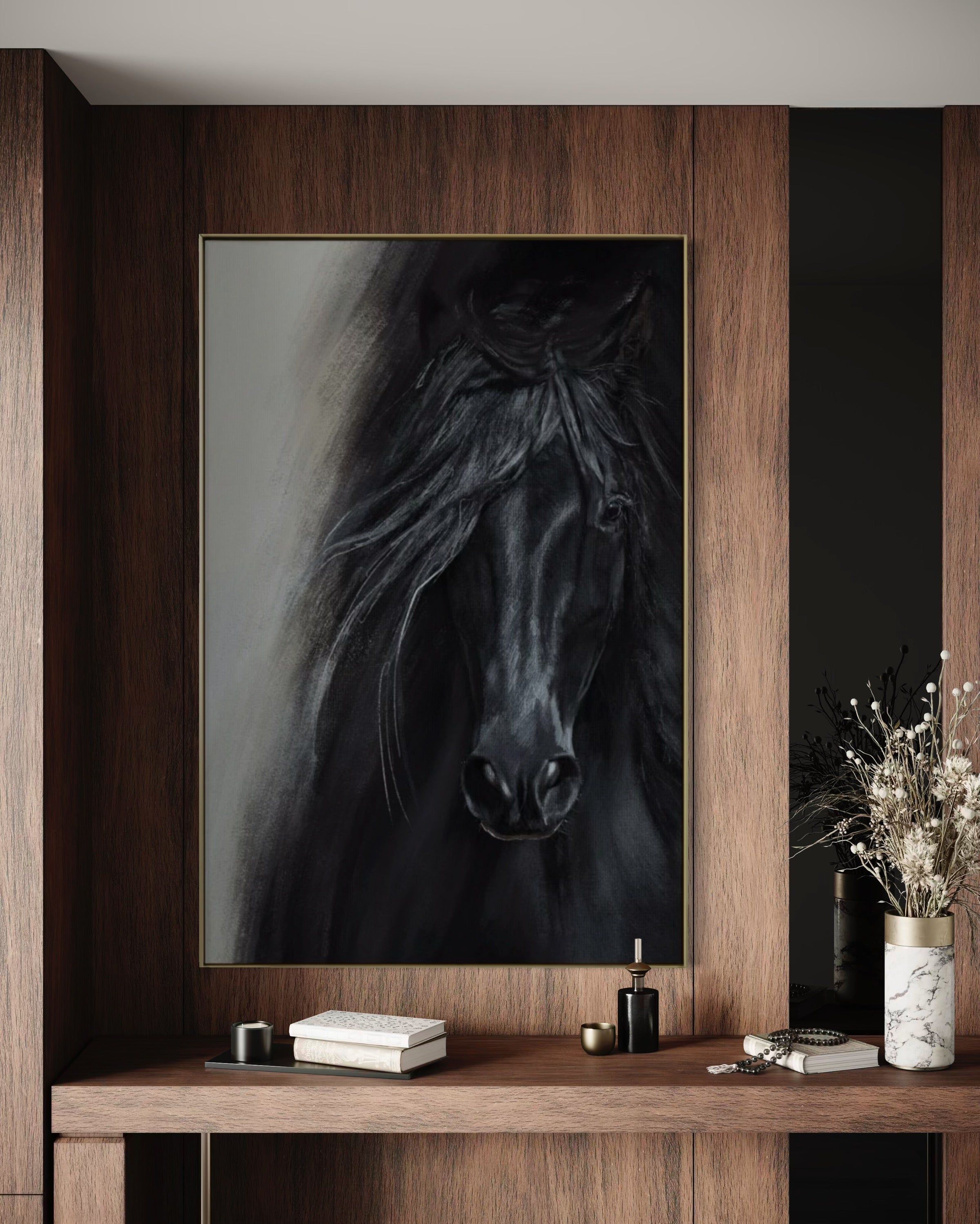 Cuadro Decorativo Abstracto Negro Arena 2-262 - Caballo Negro Arte Moderno Estilo Boho en tonos Neutros