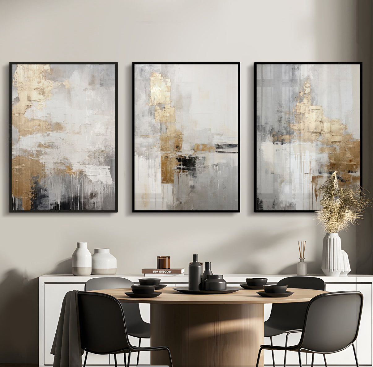 Set Cuadros Decorativos Abstracto Negro Arena 2-271 -Triptico  Moderno y Elegante en Tonos Negro, Gris, Beige y Dorado Oro