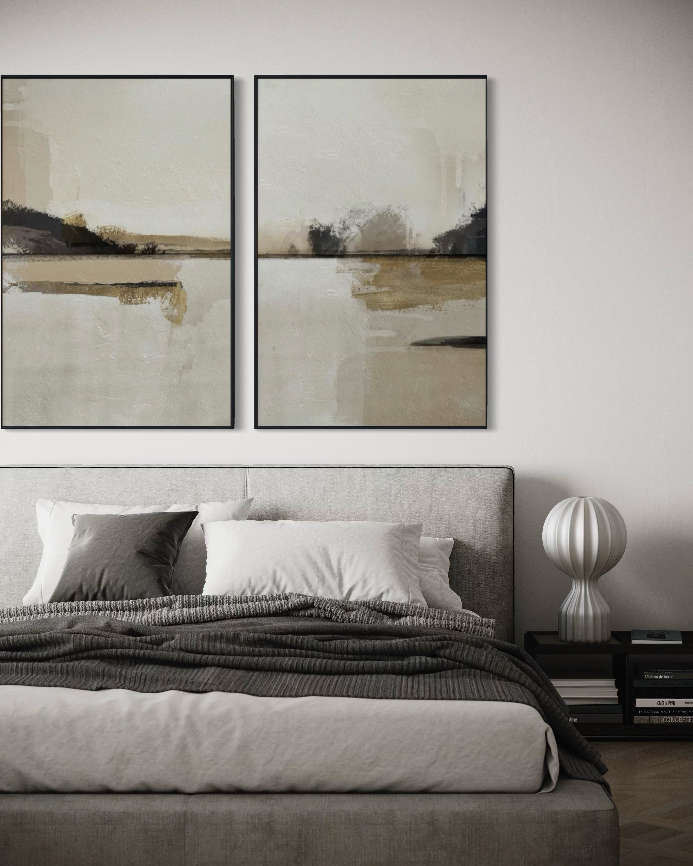 Set Cuadros Decorativos Abstracto Negro Arena 2 - 216 - Diptico Minimalista Arte Moderno y Elegante Tonos Beige y Negro