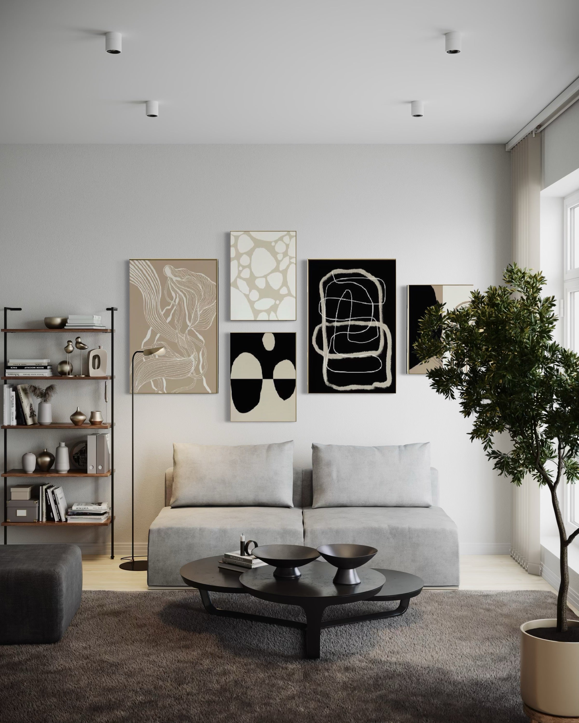 Set Cuadros Decorativos Abstracto Negro Arena 2 - 230A- 5piezas Arte Moderno Estilo Nordico Tonos Neutros