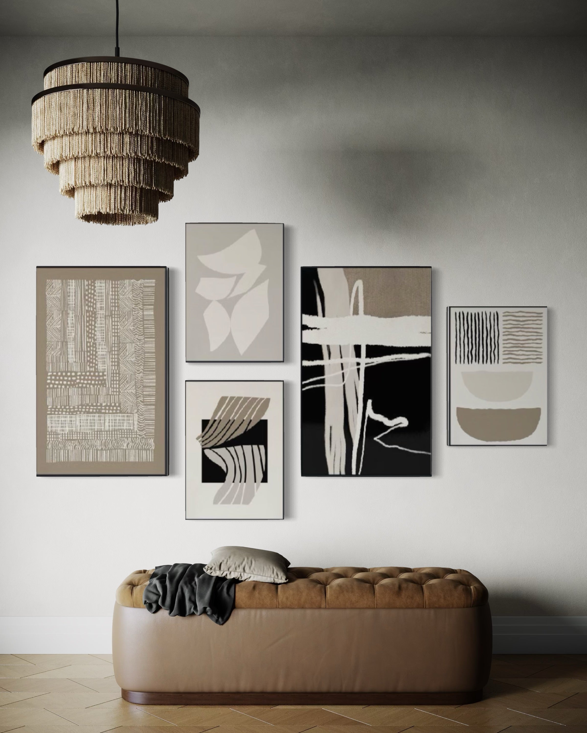 Set Cuadros Decorativos Abstracto Negro Arena 2 - 218A - 5piezas Minimalistas Arte Moderno Estilo Nordico en Tonos Neutros