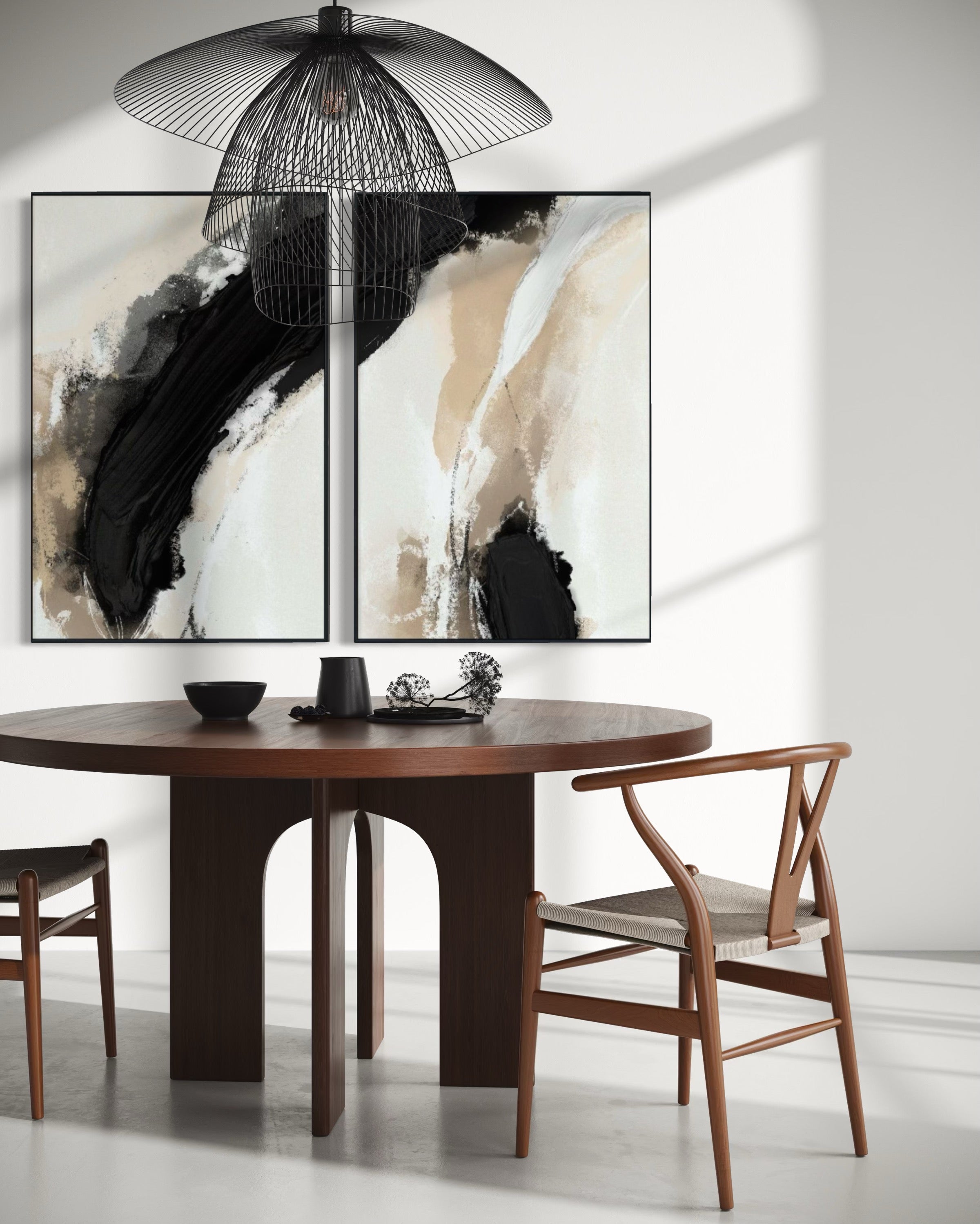 Set Cuadros Decorativos Abstracto Negro Arena 2 - 212 - Diptico Moderno y Minimalista en Tonos Negro y Beige Colores Neutros Estilo Nordico