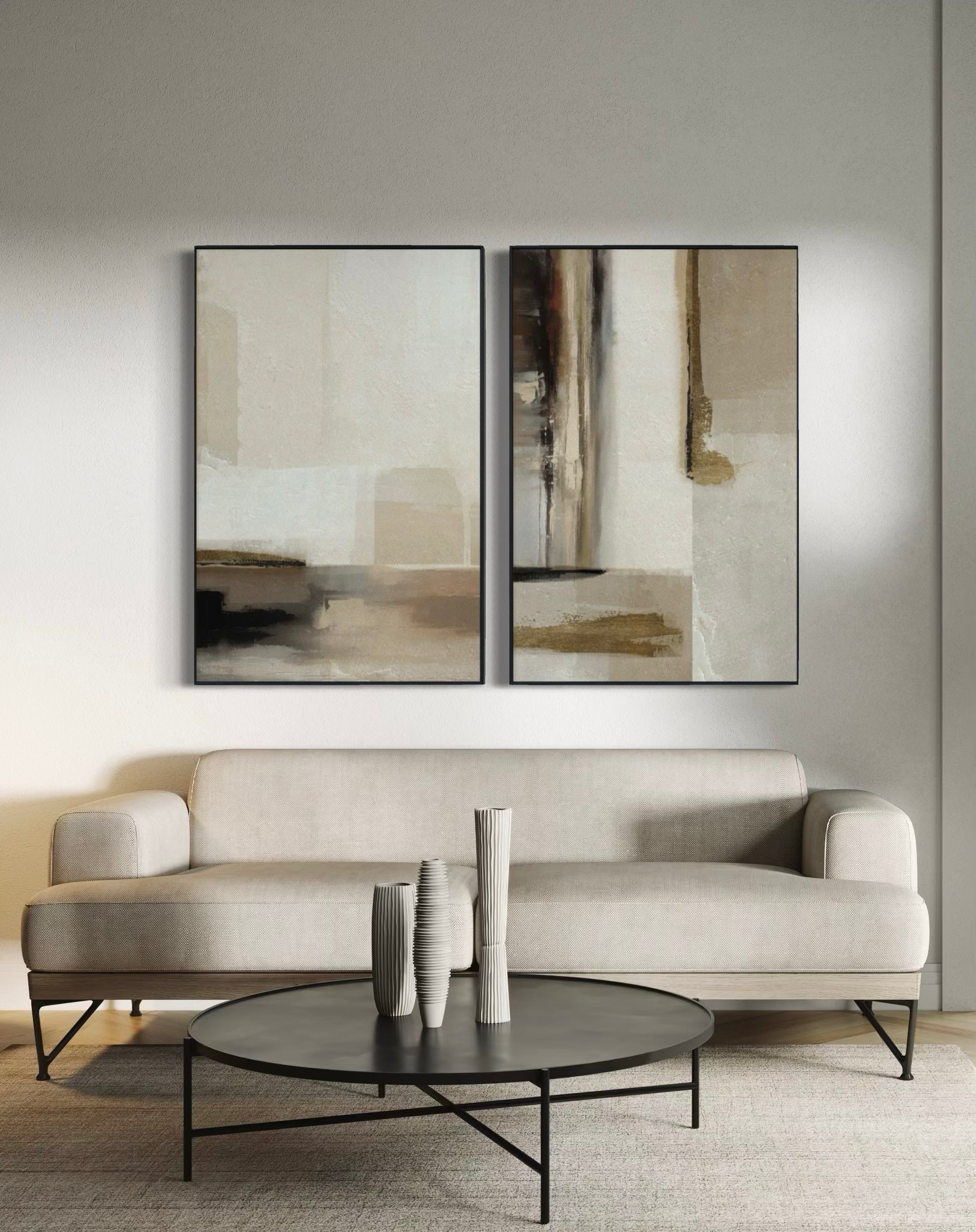 Set Cuadros Decorativos Abstracto Negro Arena 2 - 209 - Diptico Minimalista en Tonos Neutros Arte Estilo Nordico