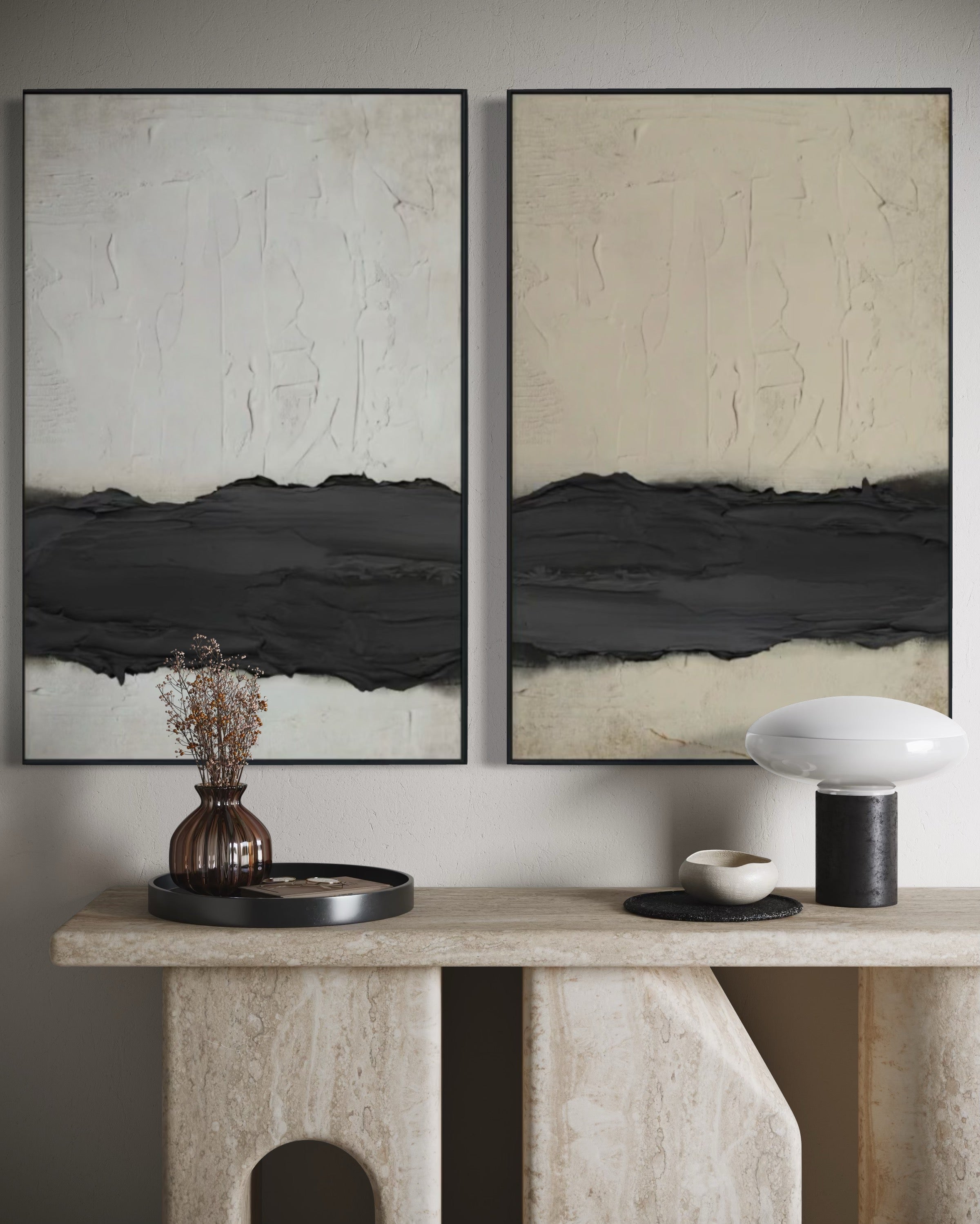 Set Cuadros Decorativos Abstracto Negro Arena 2-241 - Diptico Moderno y Minimalista Arte Estilo Nordico Tonos Neutros