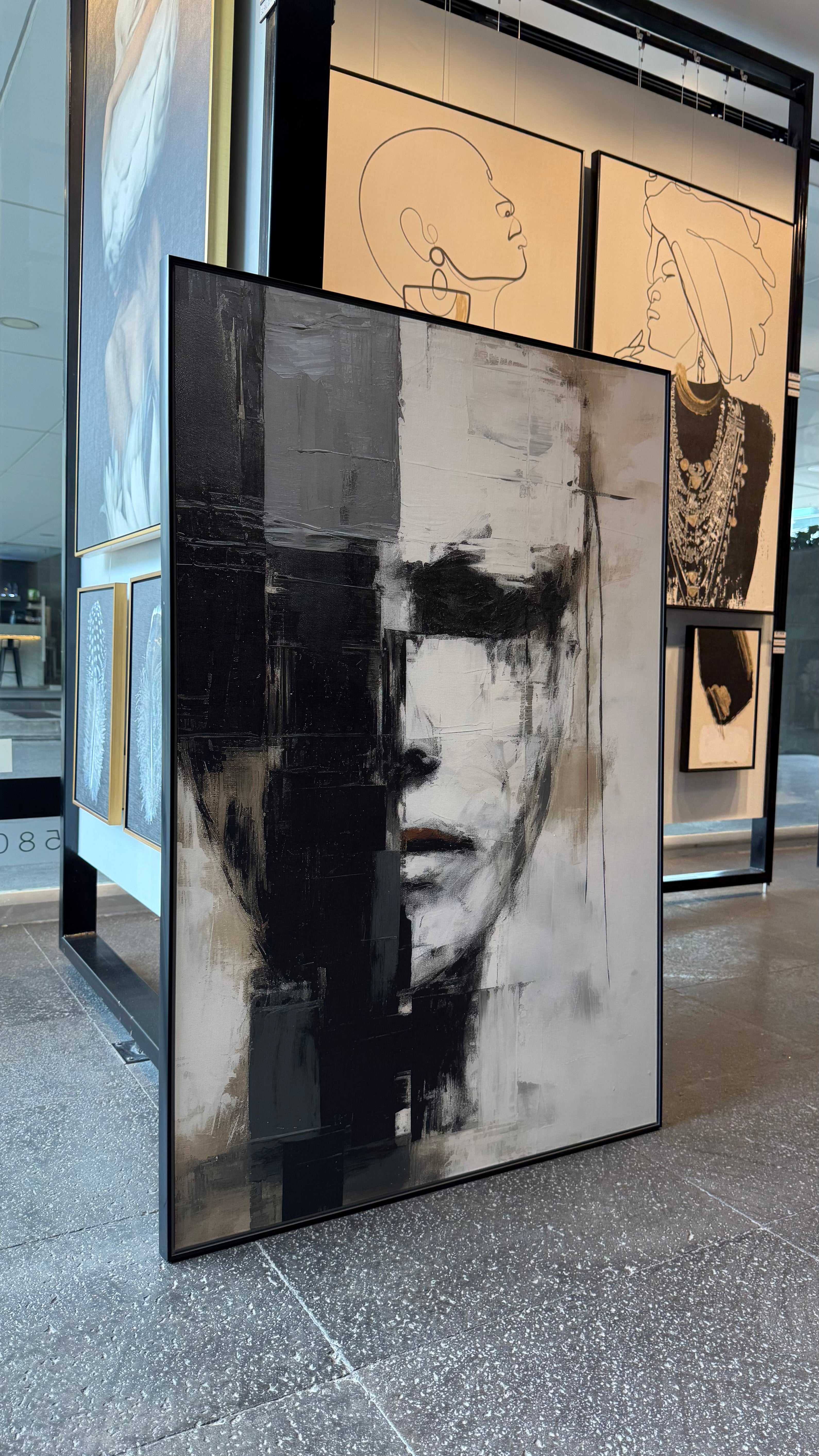 Cuadro Decorativo Abstracto Negro Arena 2-205 Rostro Estilo Nordico Cara Moderna en Tonos Neutros