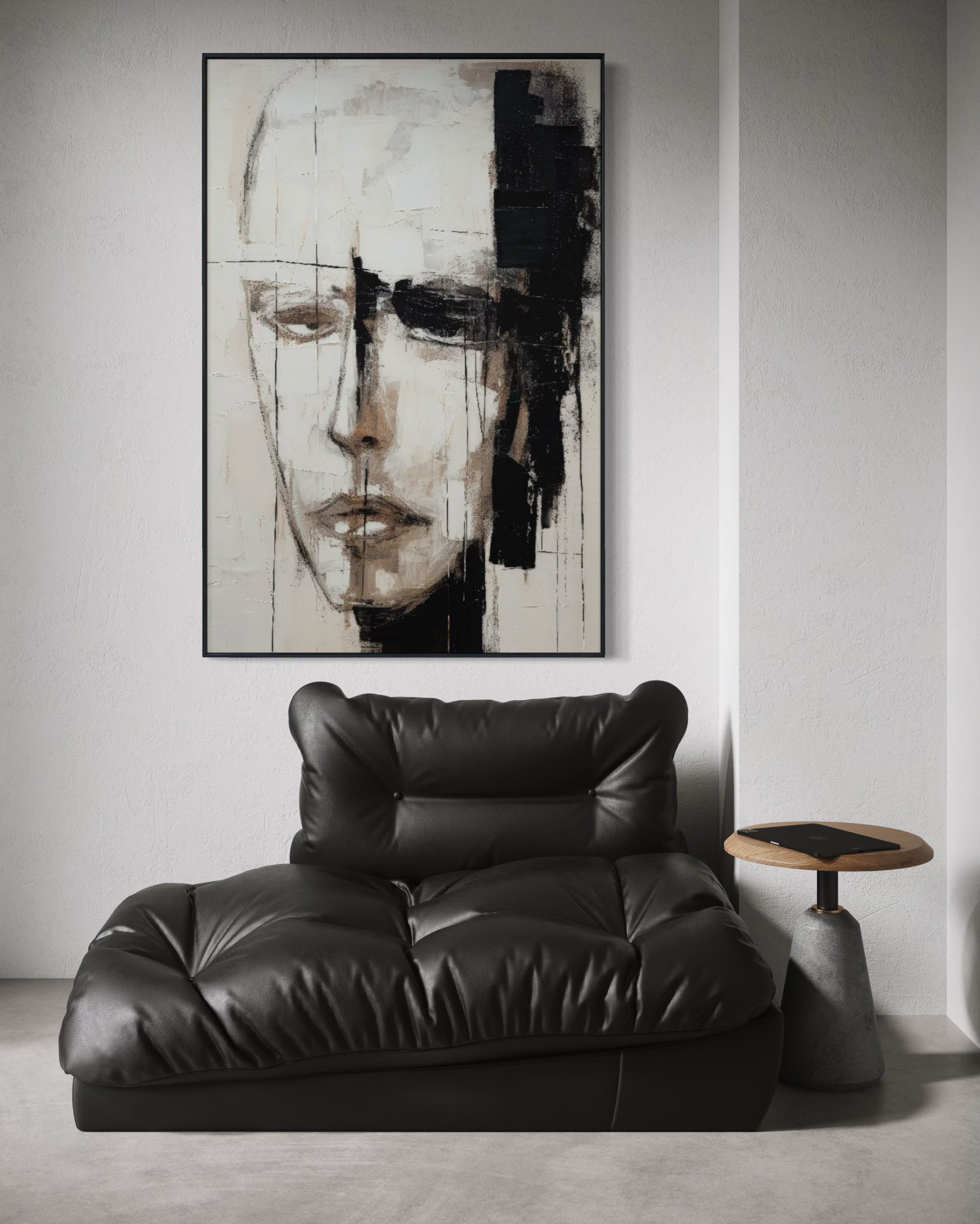 Cuadro Decorativo Abstracto Negro Arena 2-220 Cara Estilo Nordico Arte Moderno Rostro en Tonos Neutros