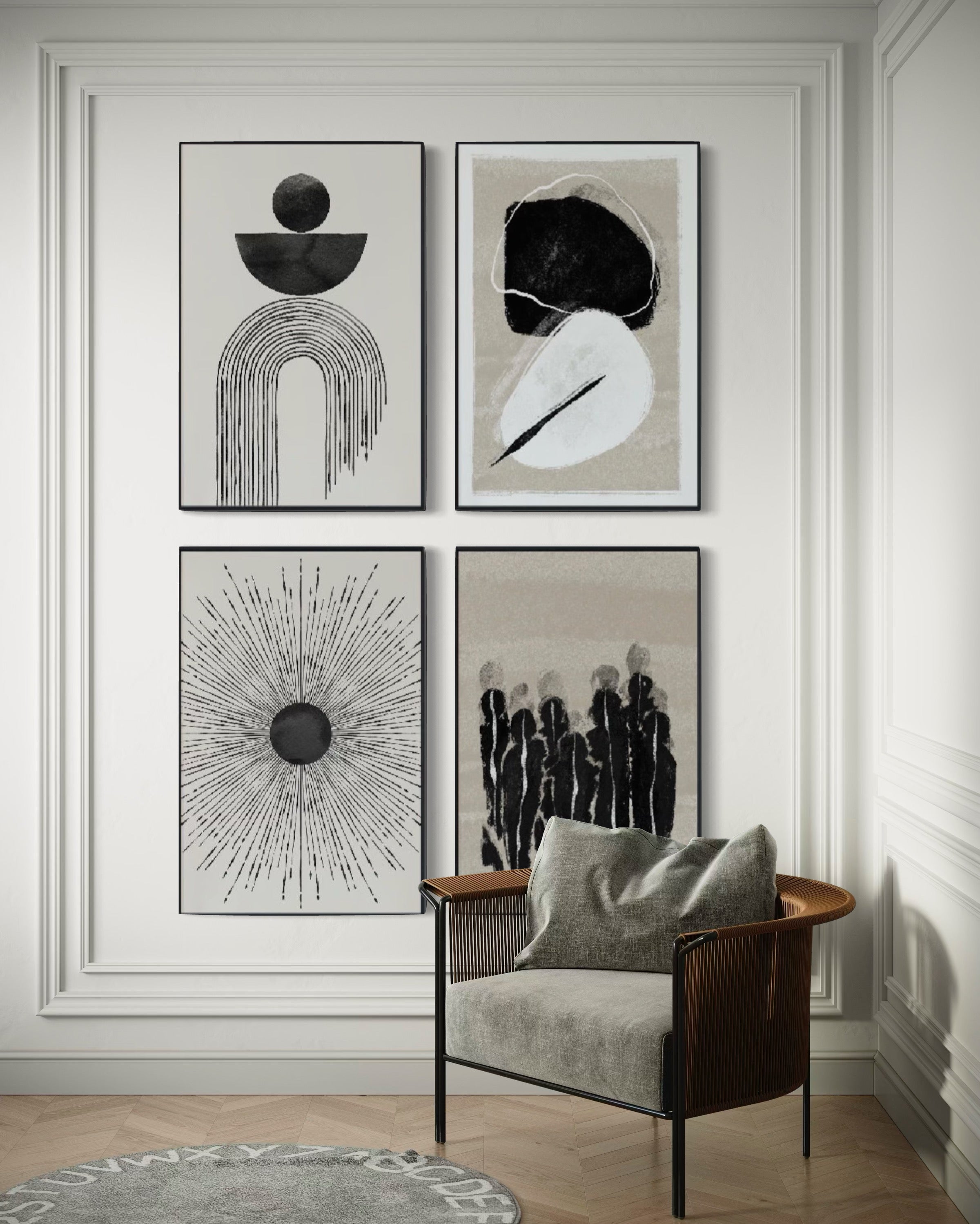 Set Cuadros Decorativos Abstracto Negro Arena 2 - 226C - 4piezas Arte Moderno y Elegante Estilo Nordico Boho en Tonos Neutros