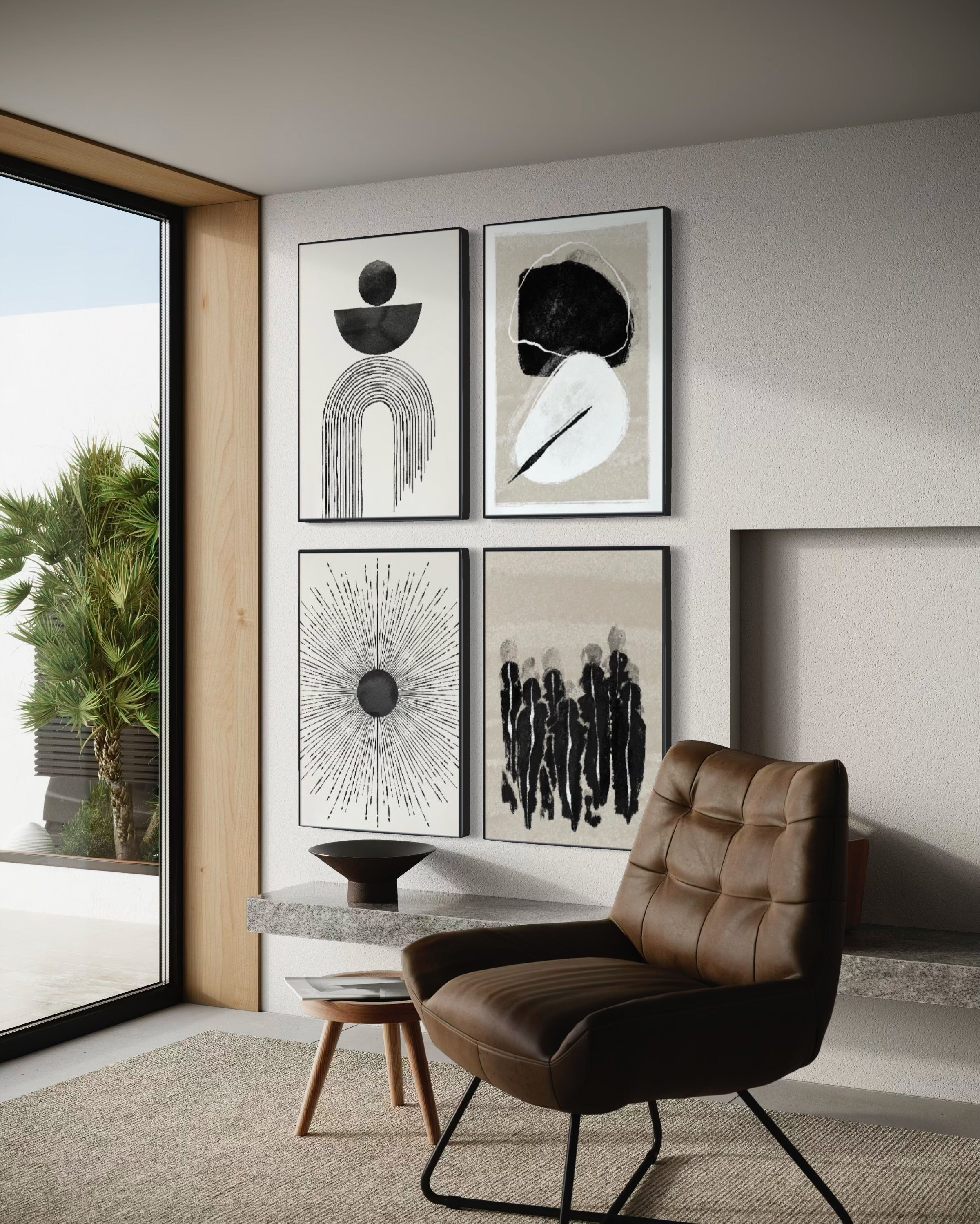 Set Cuadros Decorativos Abstracto Negro Arena 2 - 226C - 4piezas Arte Moderno y Elegante Estilo Nordico Boho en Tonos Neutros