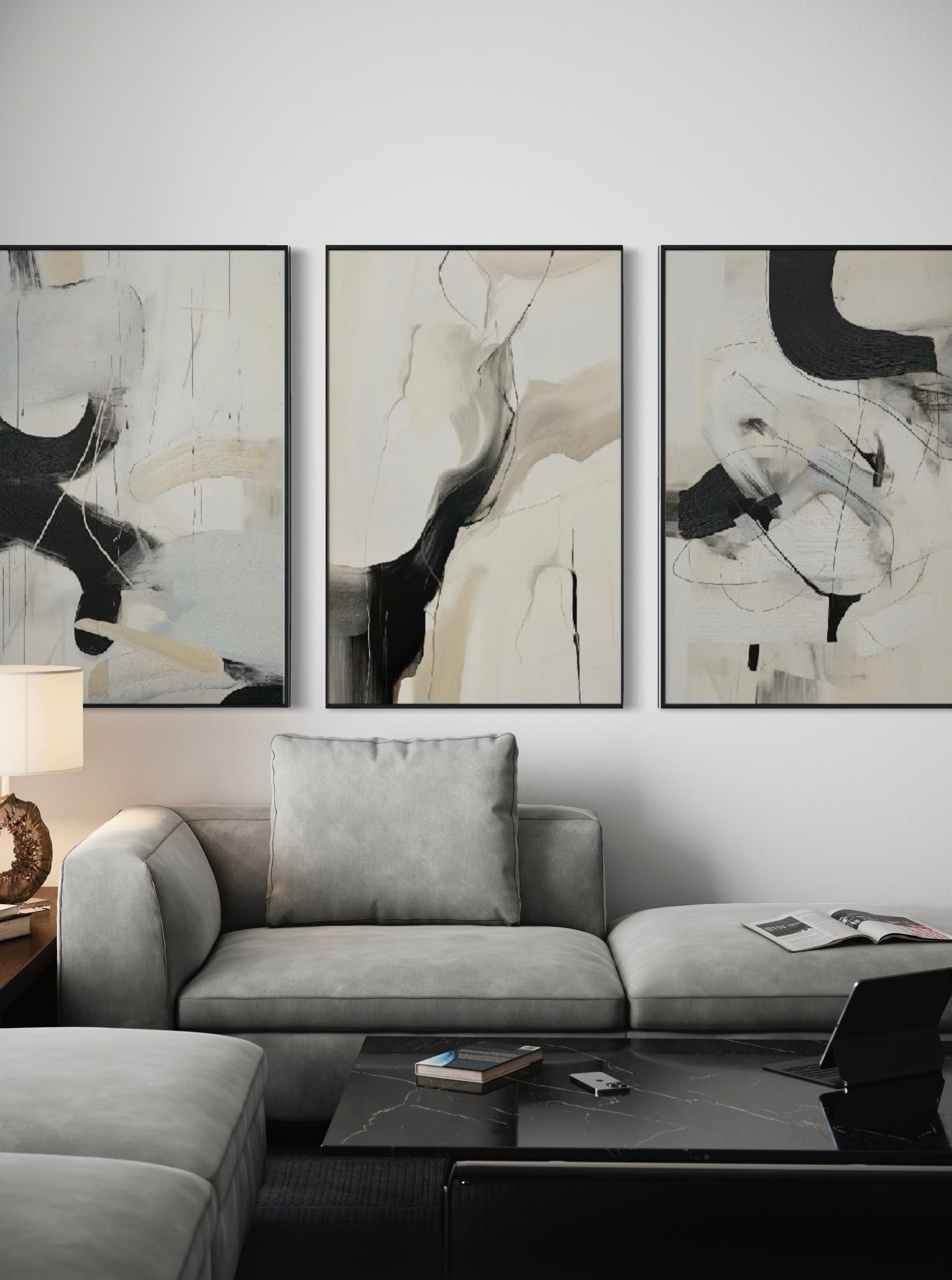 Set de 3 Cuadros Decorativos Abstracto Negro Arena 2 - 221 - Triptico Moderno y Minimalista Arte Elegante Estilo Nordico Tonos Neutros