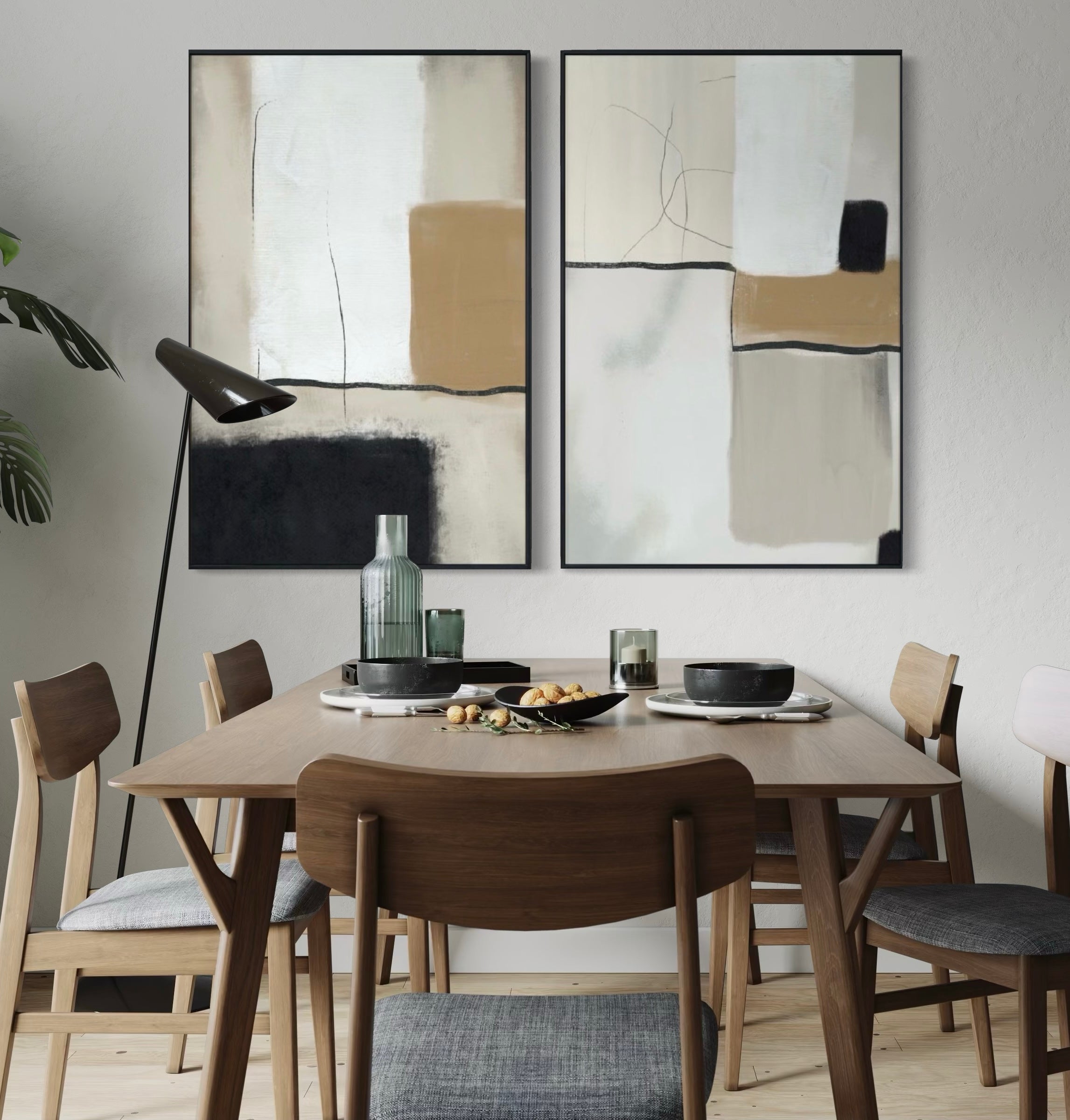 Set Cuadros Decorativos Abstracto Negro Arena 2 - 217 - Diptico Moderno y Elegante Arte Estilo Nordico Tonos Neutros