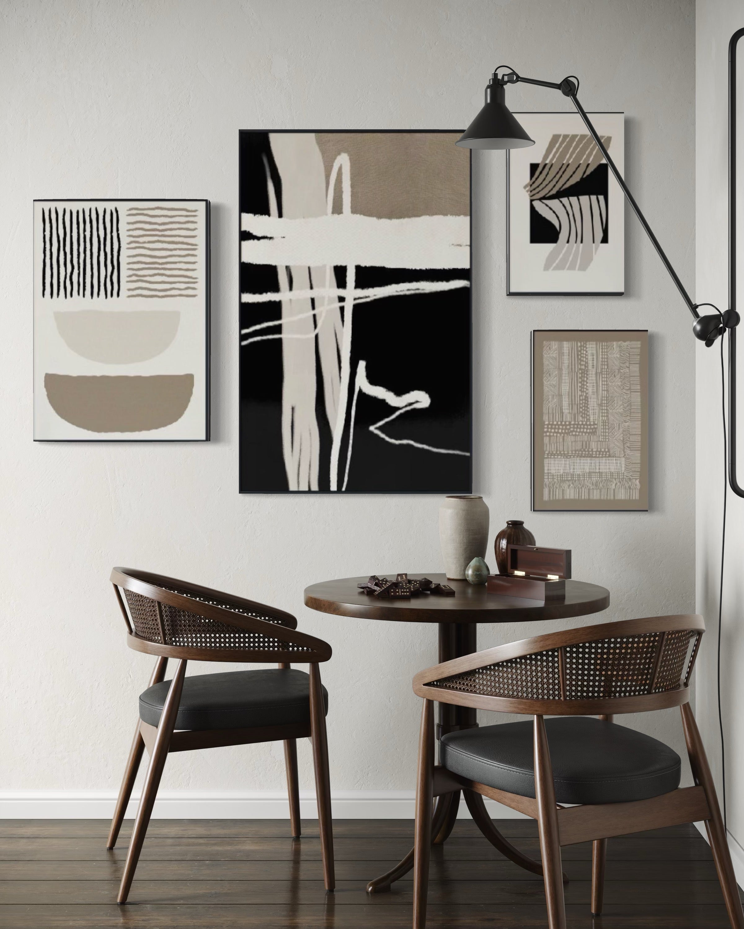 Set Cuadros Decorativos Abstracto Negro Arena 2-218 B - 4piezas Minimalistas Arte Moderno Estilo Nordico en Tonos Neutros