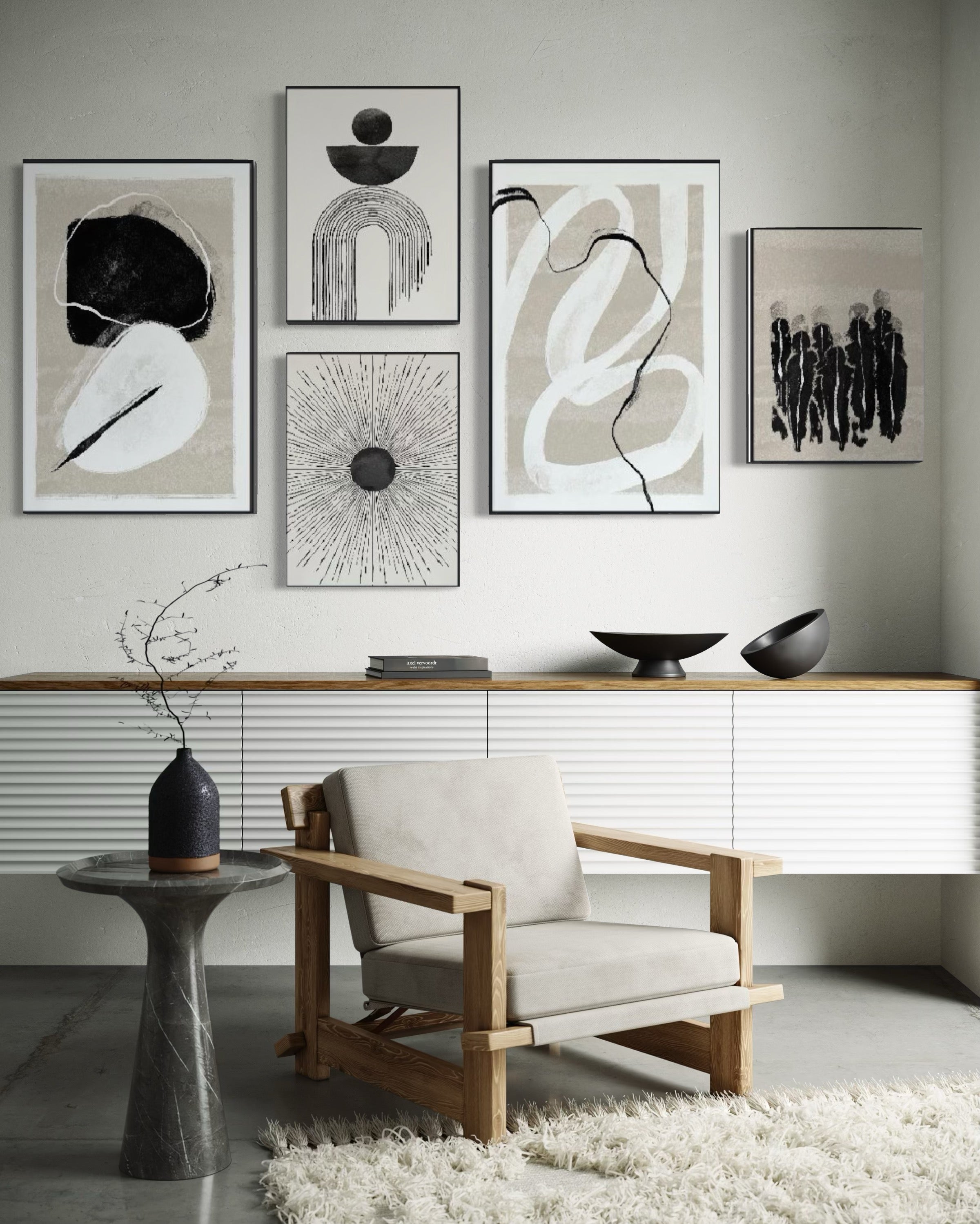 Set Cuadros Decorativos Abstracto Negro Arena 2 - 226A - 5piezas Arte Moderno Estilo Nordico Boho Tonos Neutros