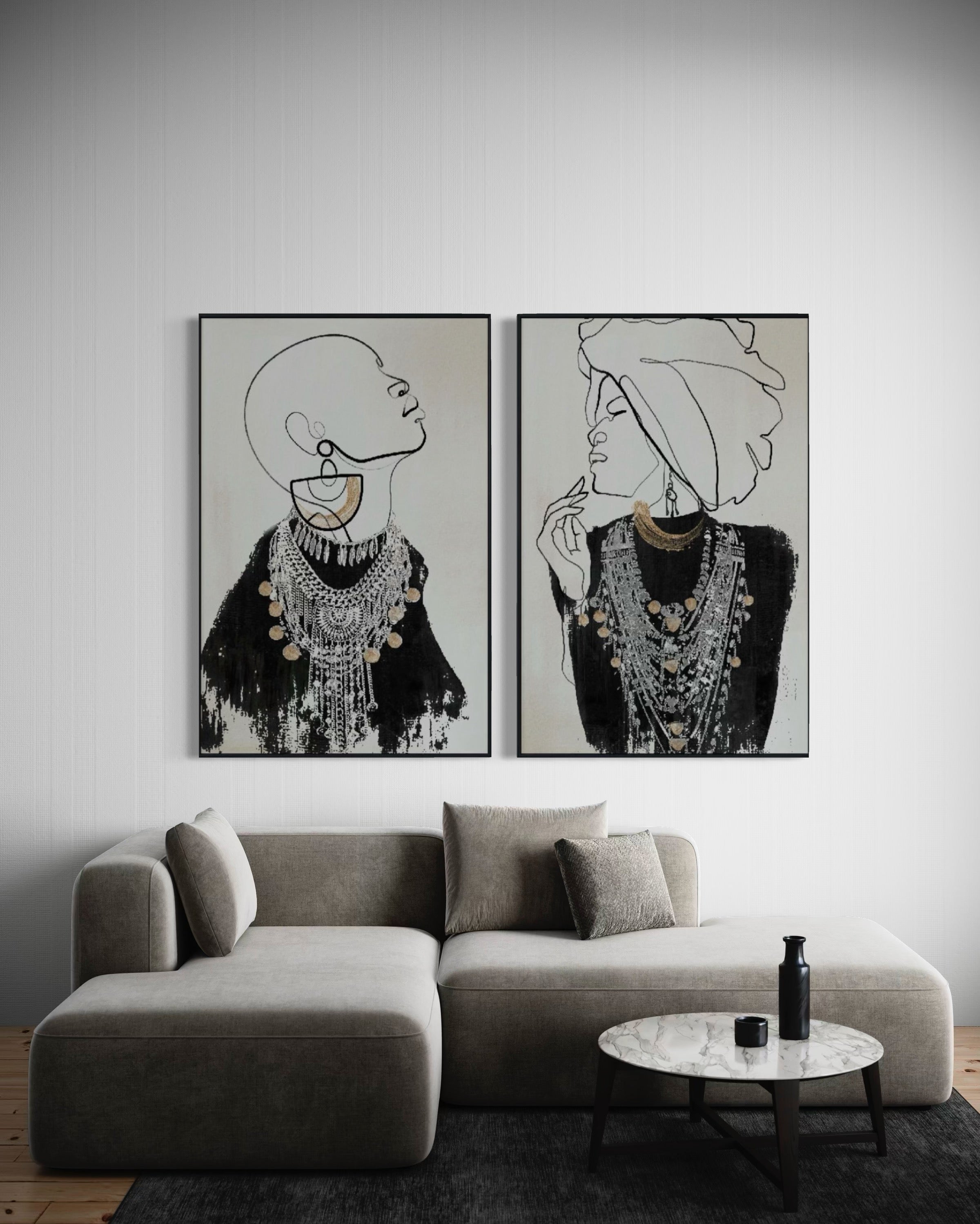 Set Cuadros Decorativos Abstracto Negro Arena 2 - 213 - Diptico Moderno Estilo Boho Mujeres Afro Arte Lineal En tonos Neutros y un toque de Dorado  Oro
