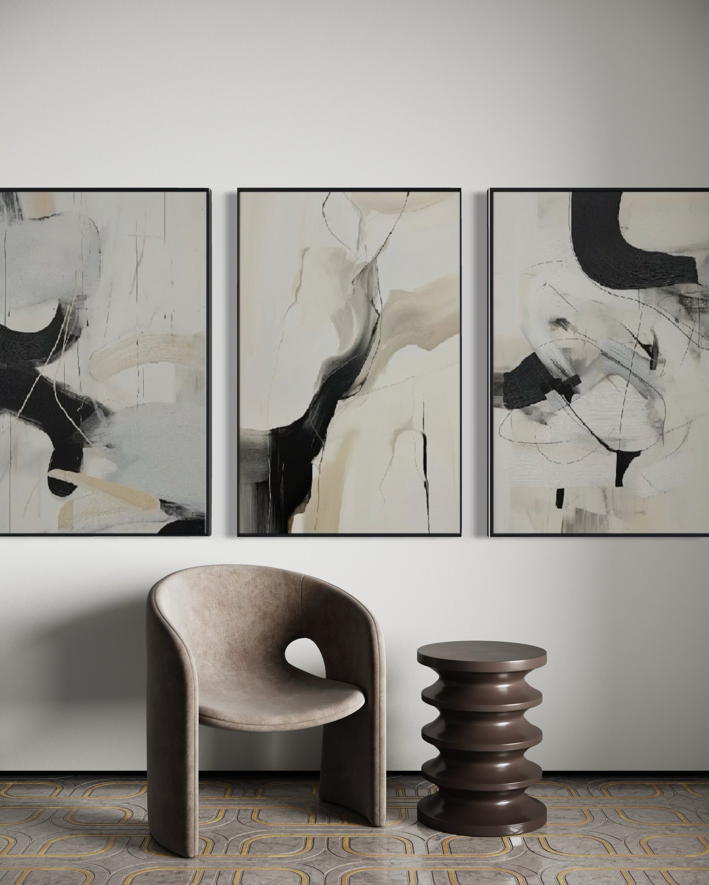 Set de 3 Cuadros Decorativos Abstracto Negro Arena 2 - 221 - Triptico Moderno y Minimalista Arte Elegante Estilo Nordico Tonos Neutros