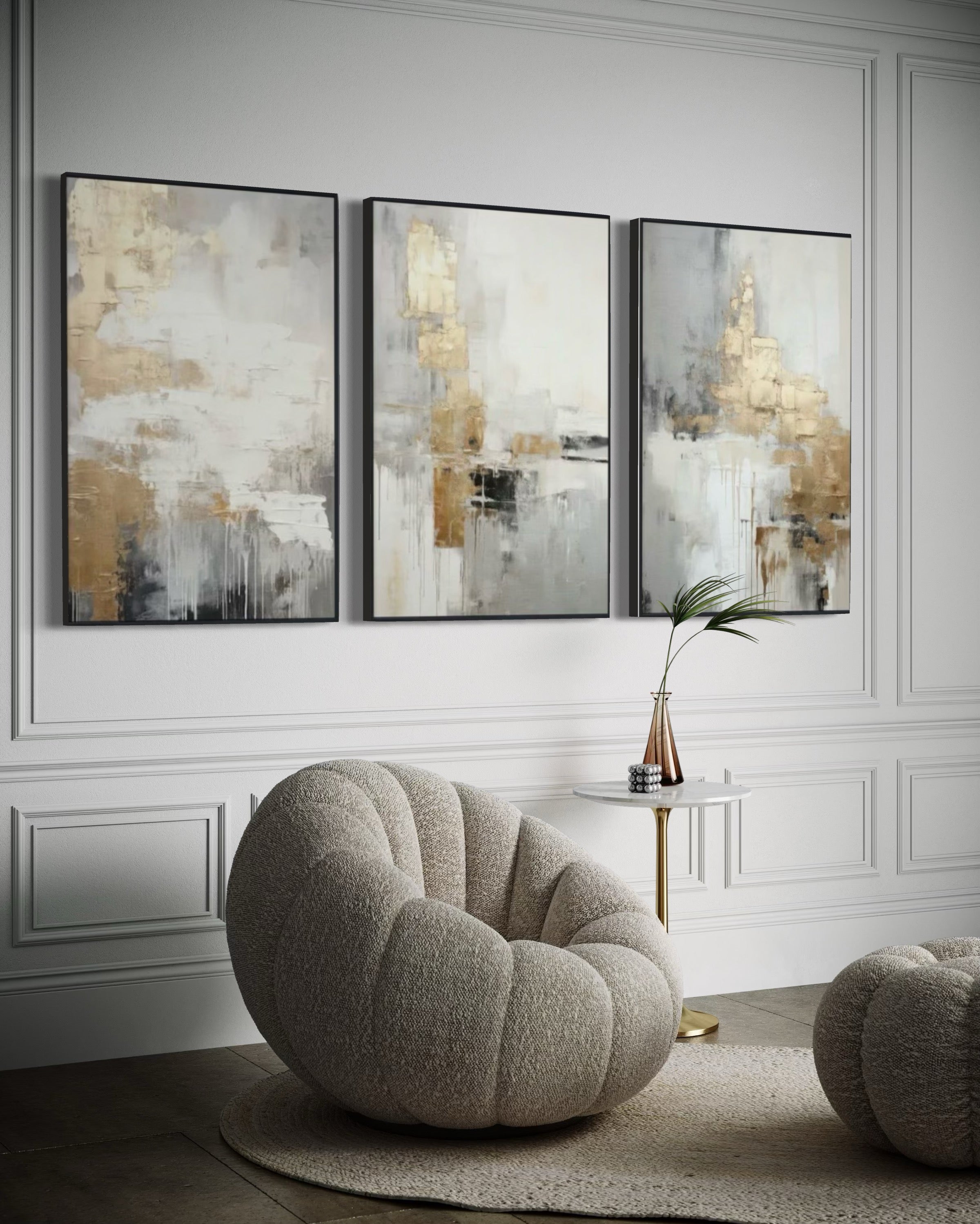 Set Cuadros Decorativos Abstracto Negro Arena 2-271 -Triptico  Moderno y Elegante en Tonos Negro, Gris, Beige y Dorado Oro