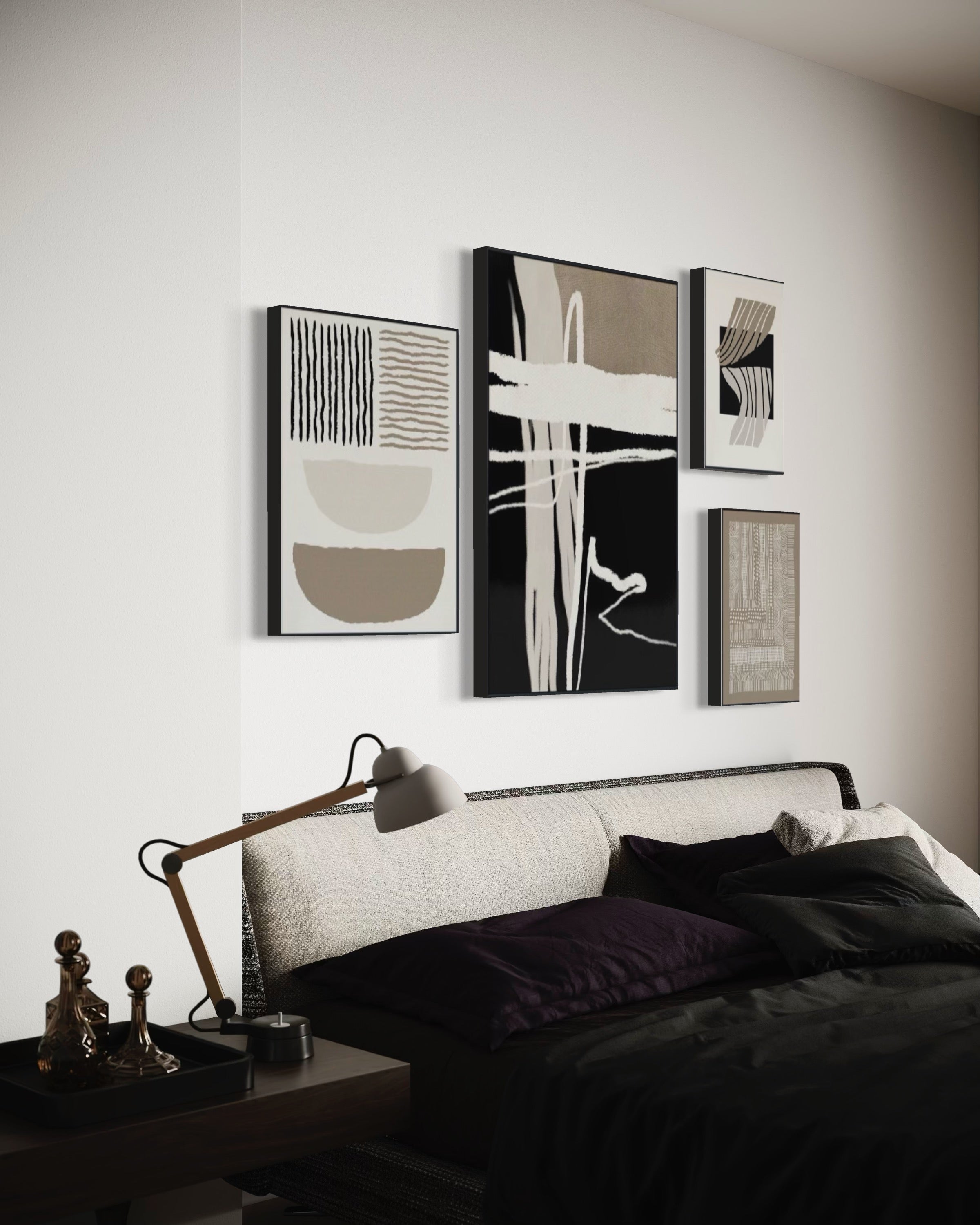 Set Cuadros Decorativos Abstracto Negro Arena 2-218 B - 4piezas Minimalistas Arte Moderno Estilo Nordico en Tonos Neutros